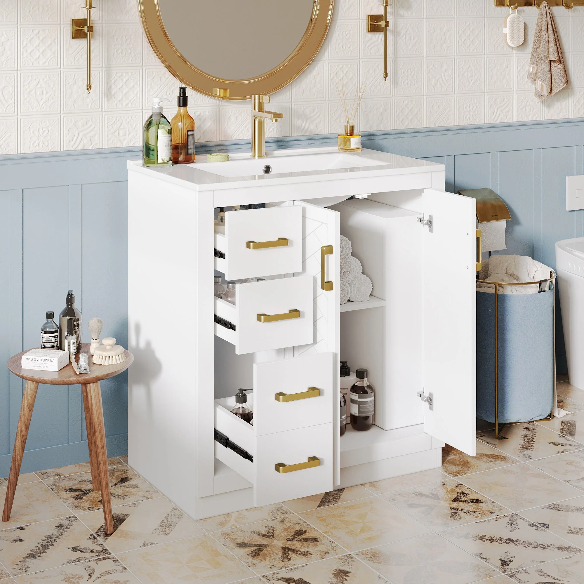 Bathroom Vanity Unit with Ceramic Sink and Side Storage Shelf, White - Image 4