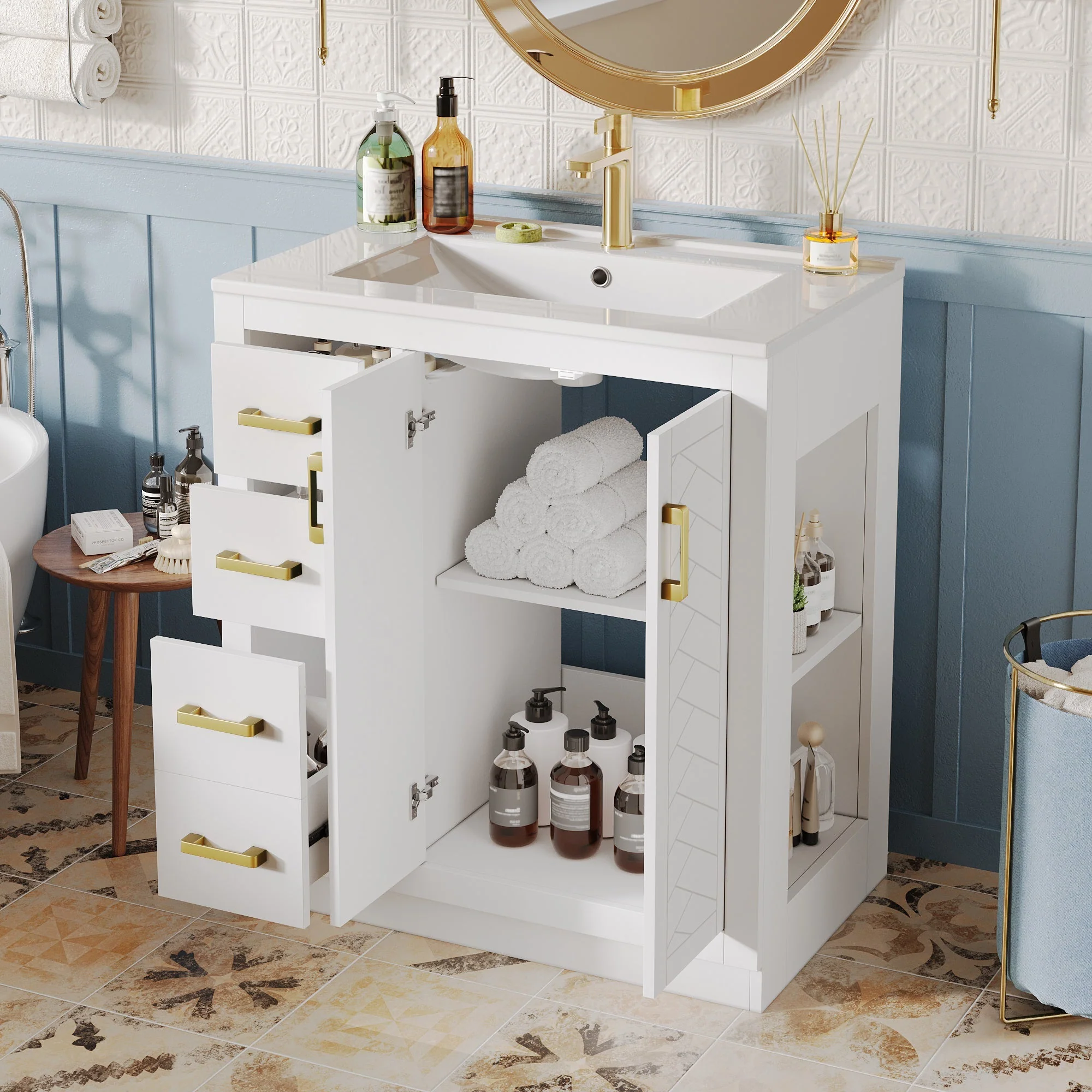 Bathroom Vanity Unit with Ceramic Sink and Side Storage Shelf, White - Image 5