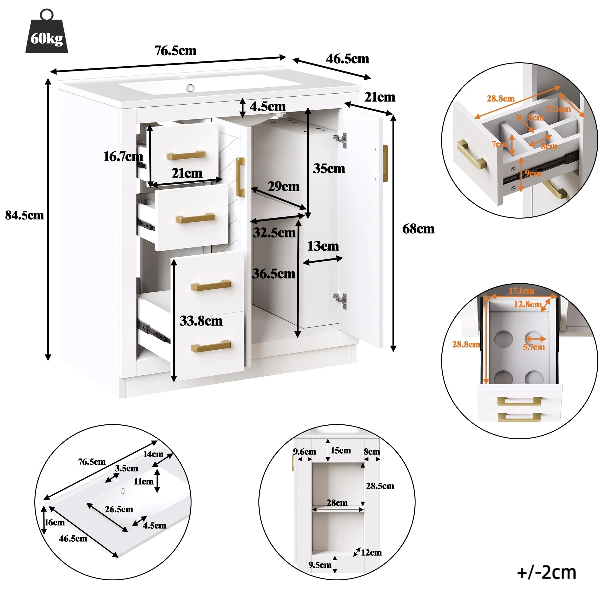 Bathroom Vanity Unit with Ceramic Sink and Side Storage Shelf, White - Image 6