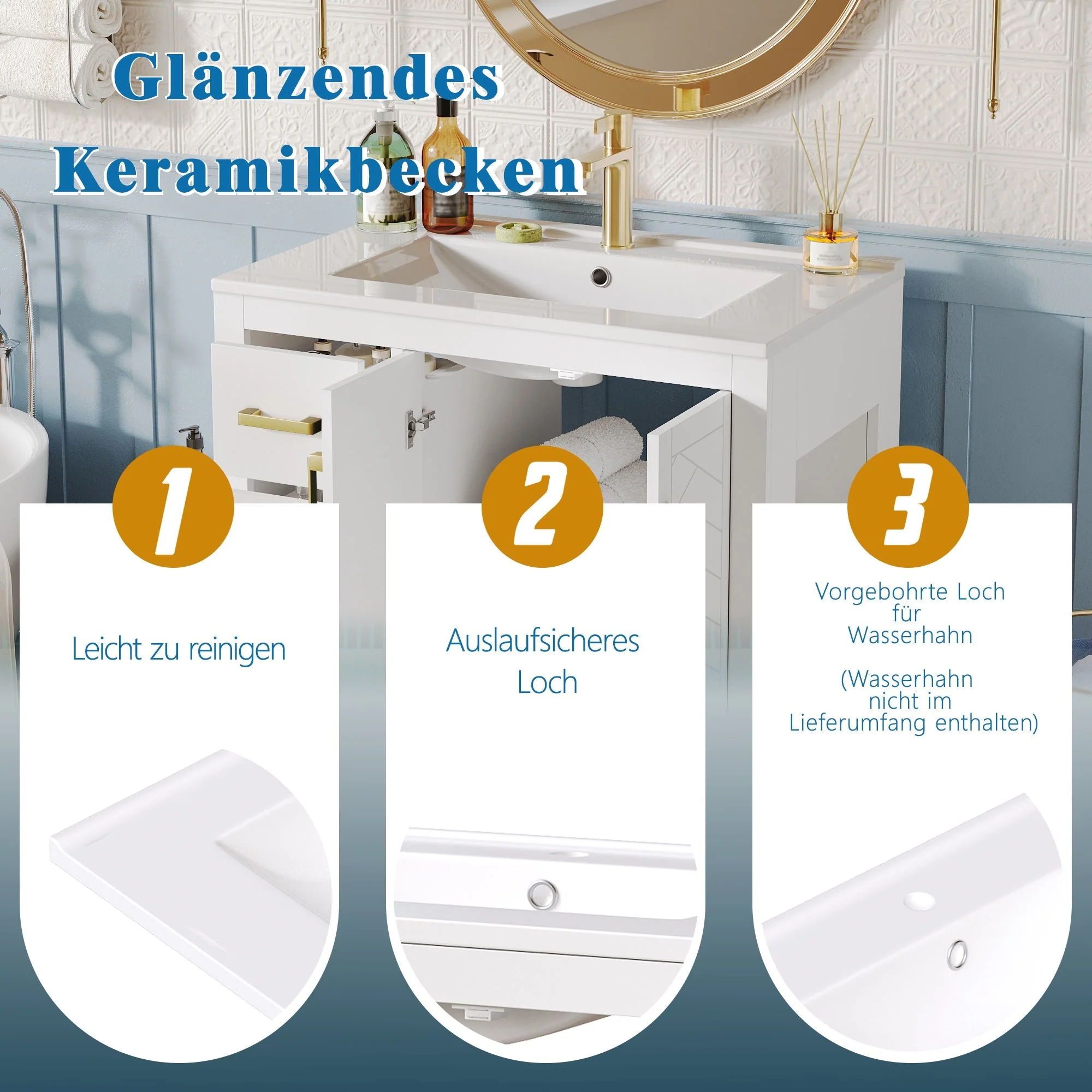 Bathroom Vanity Unit with Ceramic Sink and Side Storage Shelf, White - Image 9