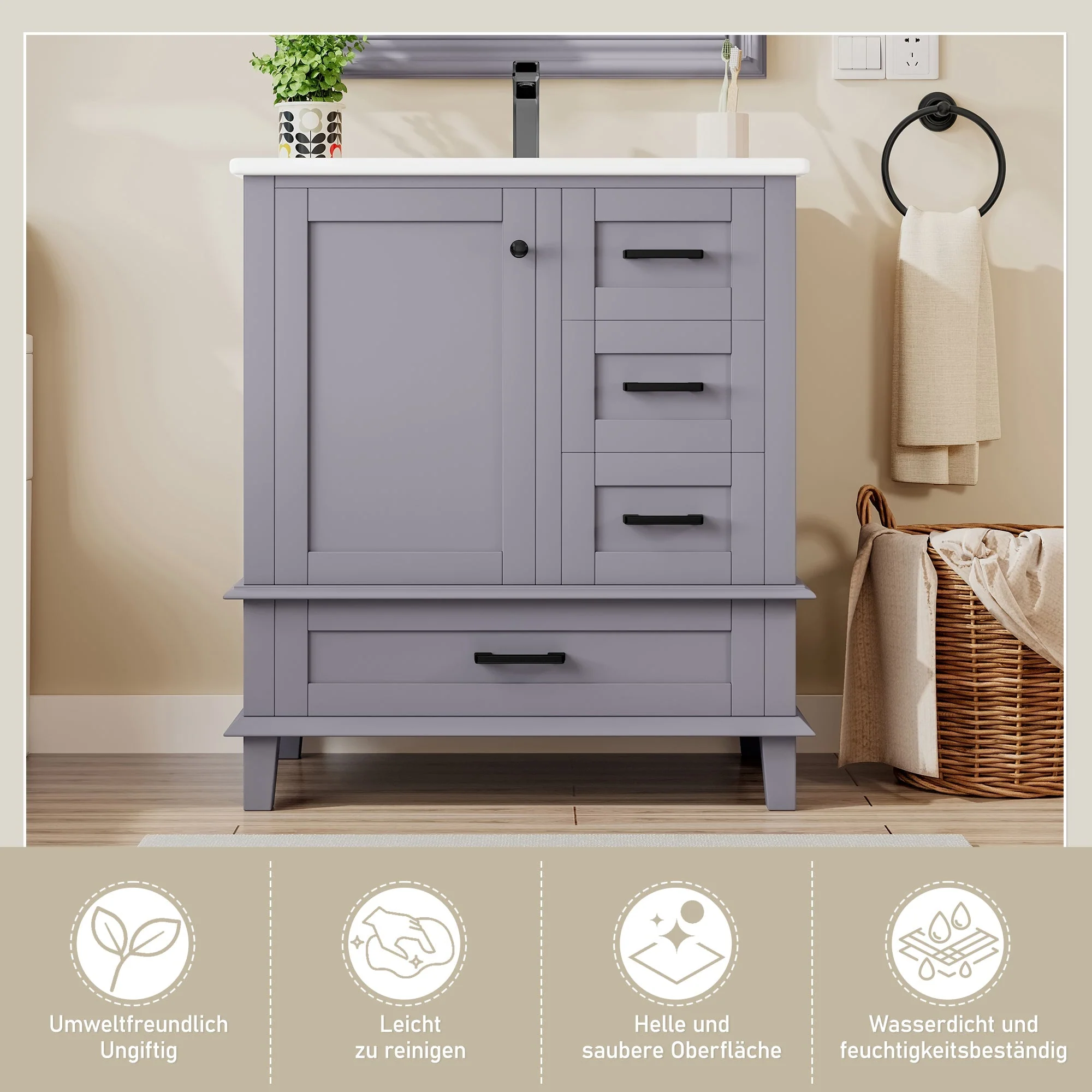 Bathroom Vanity Unit with Ceramic Sink and Silent Storage Drawers, Grey - Image 10