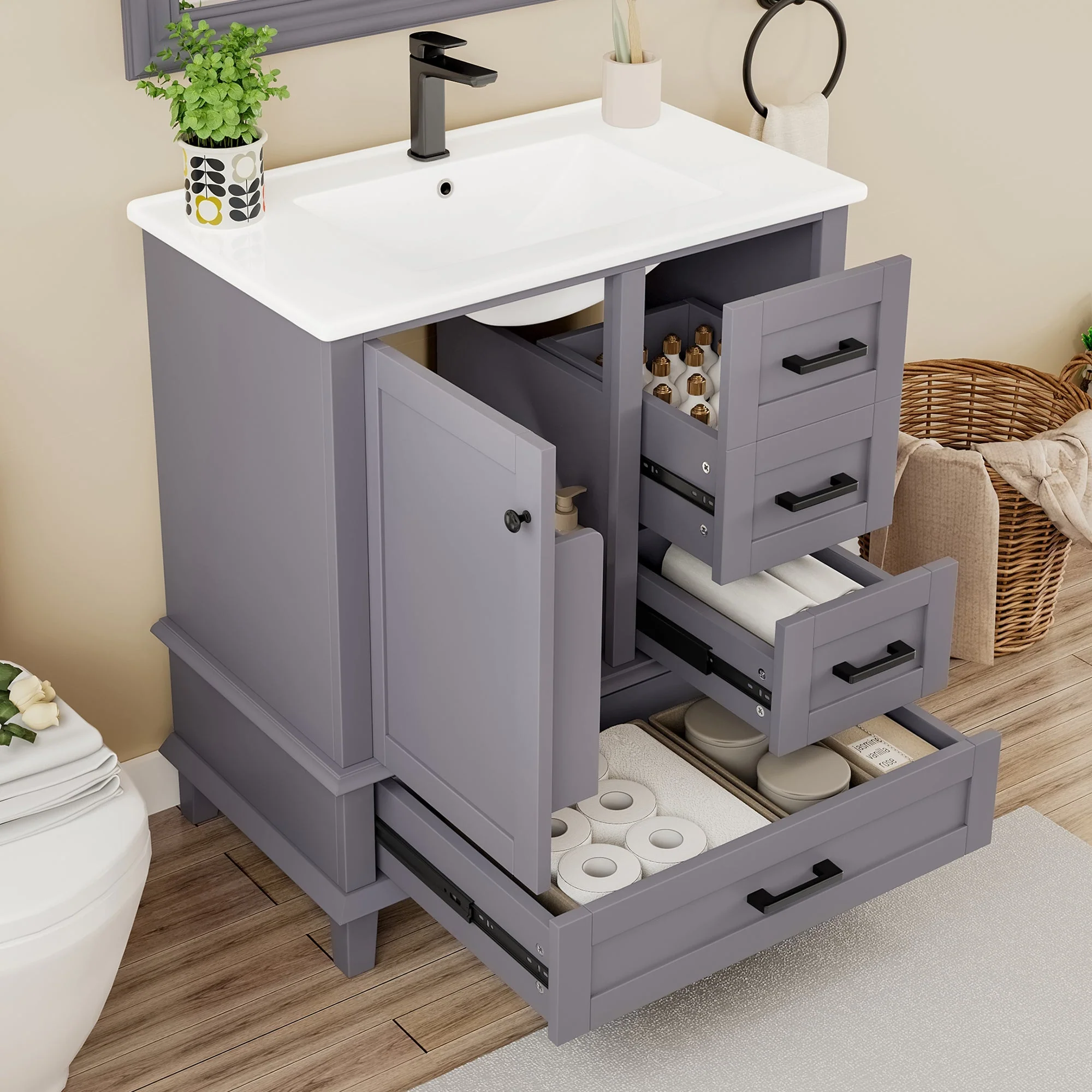 Bathroom Vanity Unit with Ceramic Sink and Silent Storage Drawers, Grey - Image 6