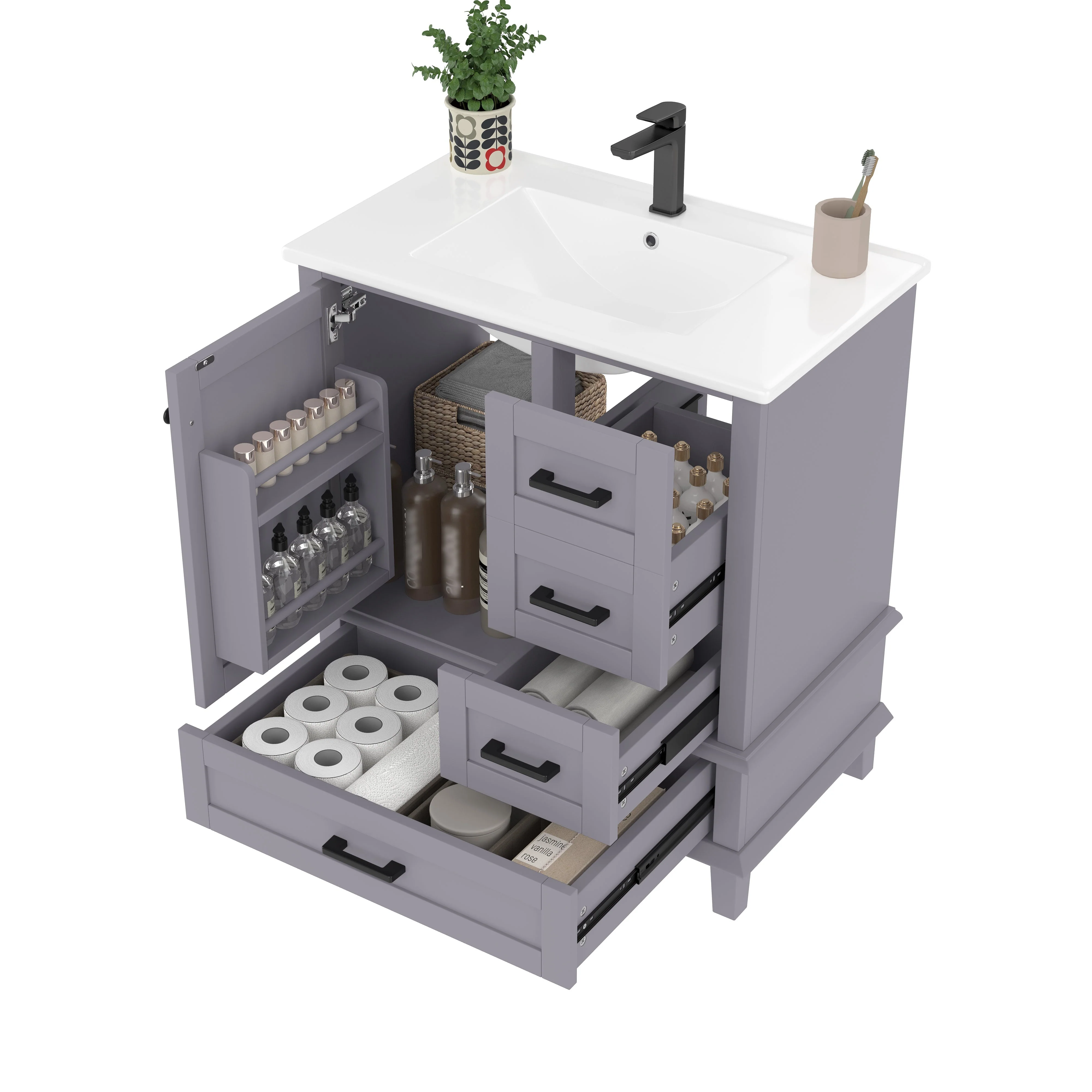 Bathroom Vanity Unit with Ceramic Sink and Silent Storage Drawers, Grey - Image 8