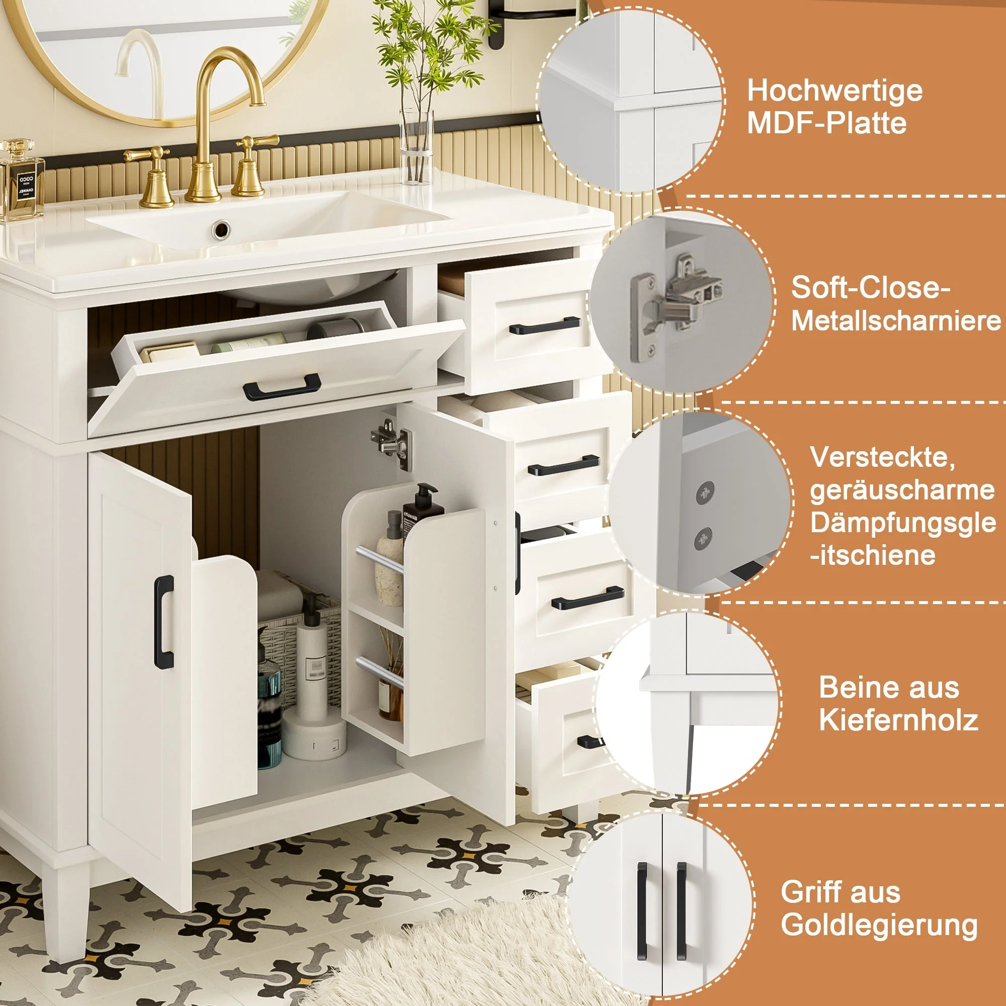 Bathroom Vanity Unit with Ceramic Sink and Soft-Close Drawers, White and Black - Image 6