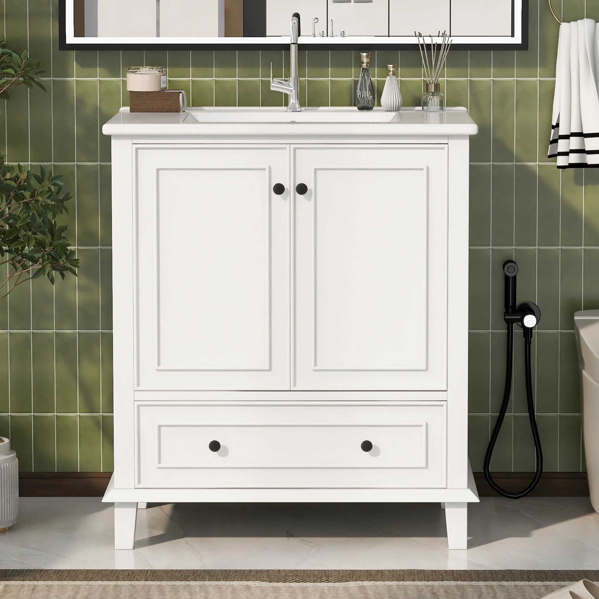 Bathroom Vanity Unit with Ceramic Sink and Solid Wood Legs, White - Image 3