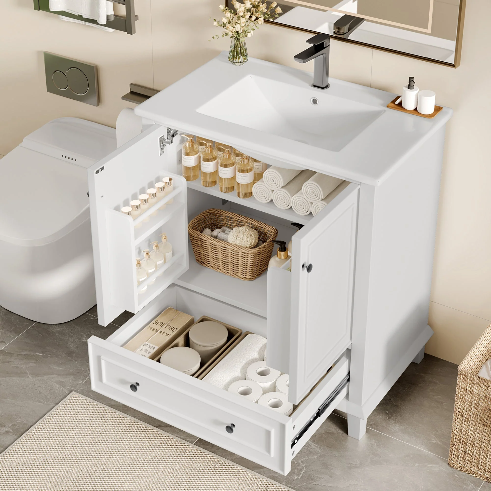 Bathroom Vanity Unit with Ceramic Sink and Solid Wood Legs, White - Image 4