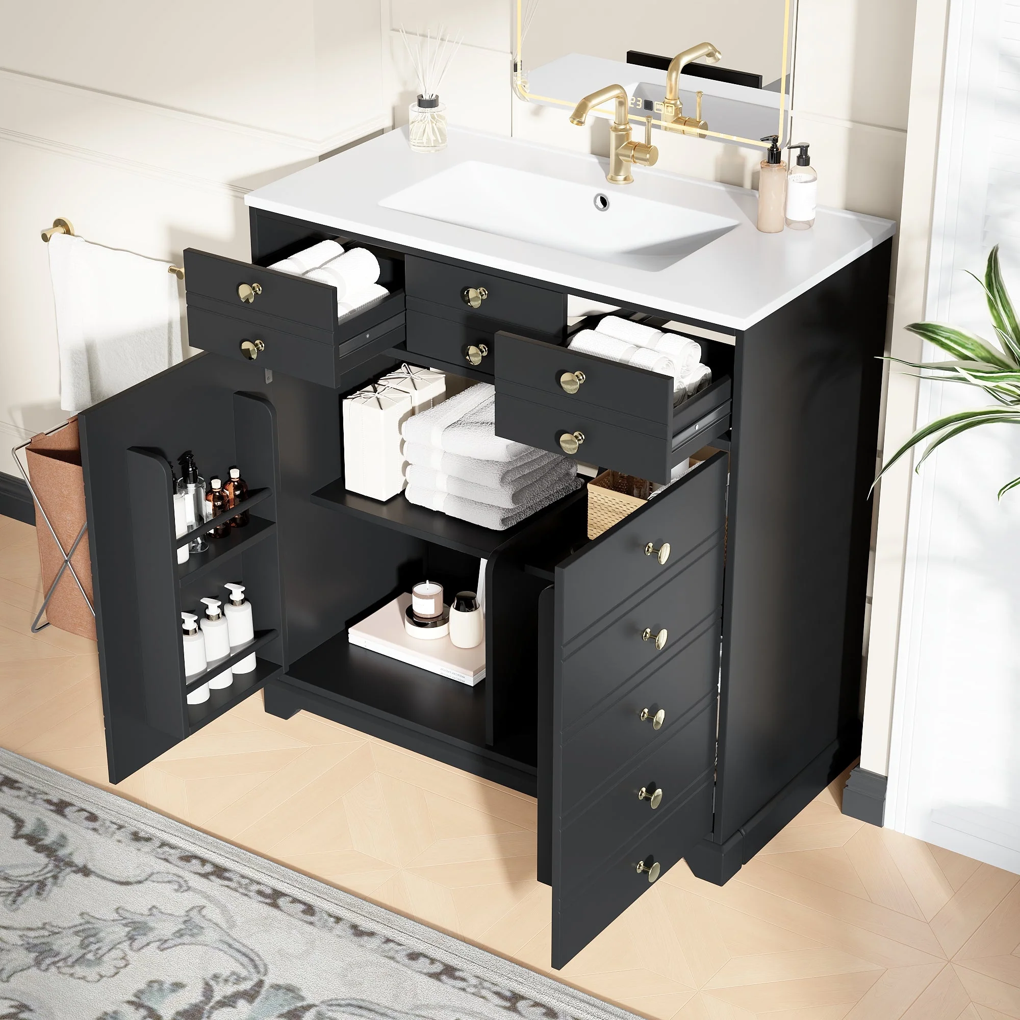 Bathroom Vanity Unit with Ceramic Sink and Storage Drawers, Black and Gold - Image 5