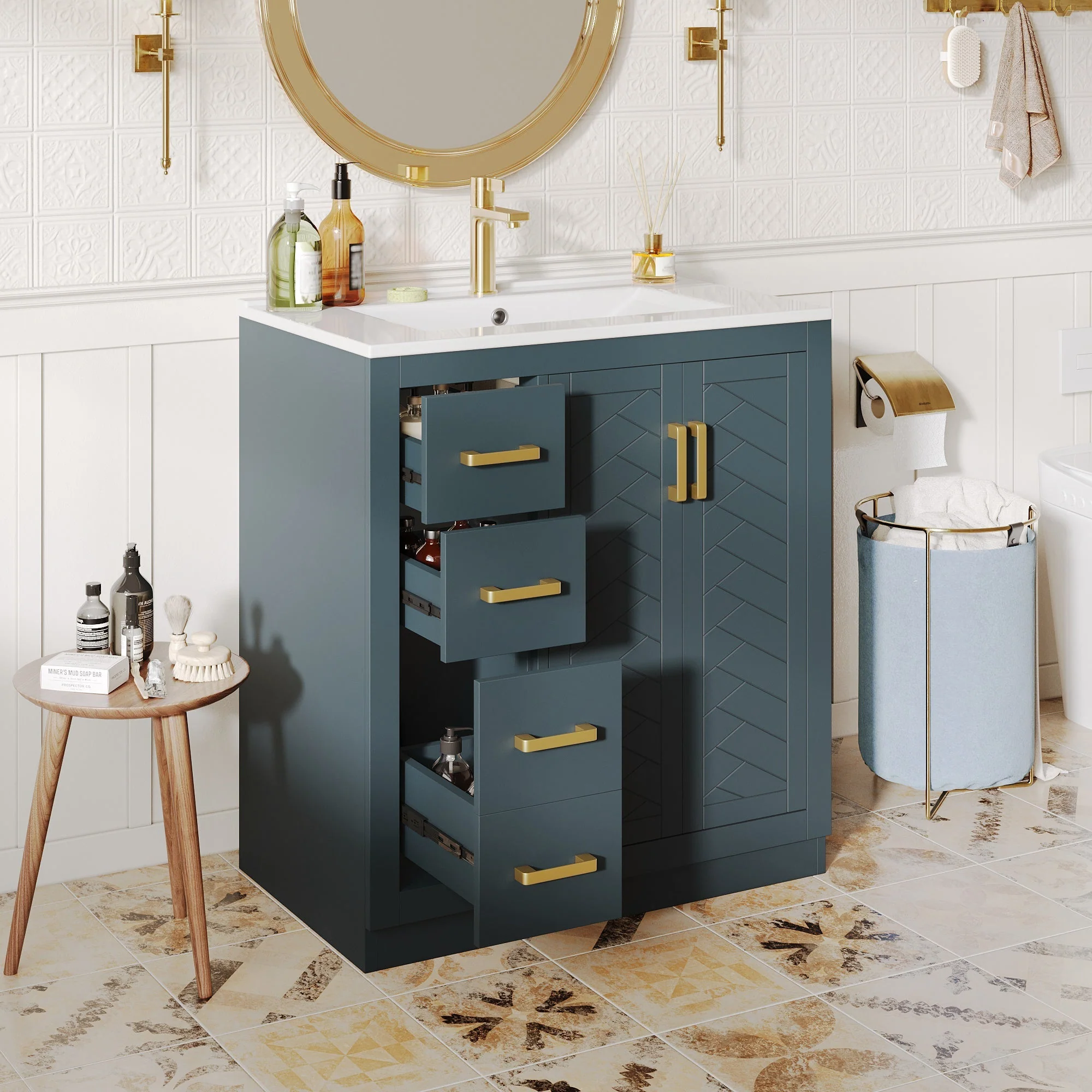 Bathroom Vanity Unit with Ceramic Sink and Storage Drawers, Blue - Image 3