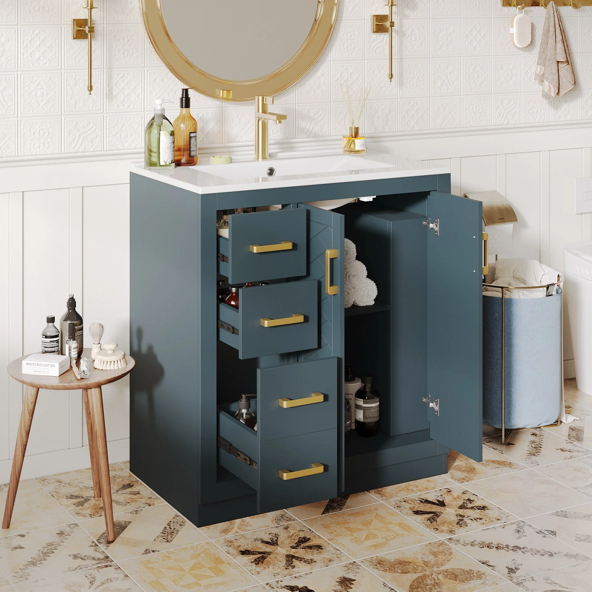 Bathroom Vanity Unit with Ceramic Sink and Storage Drawers, Blue - Image 4