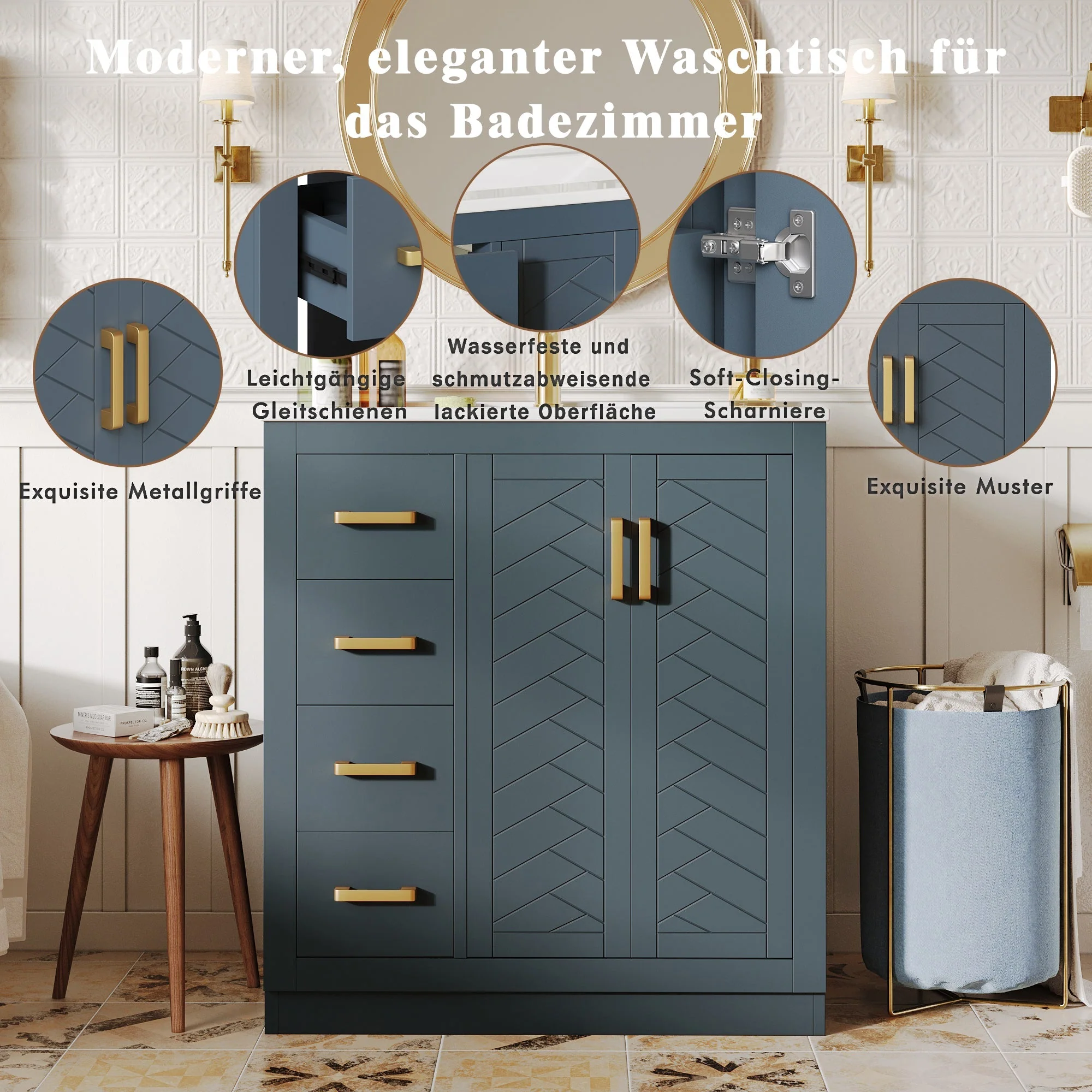 Bathroom Vanity Unit with Ceramic Sink and Storage Drawers, Blue - Image 7