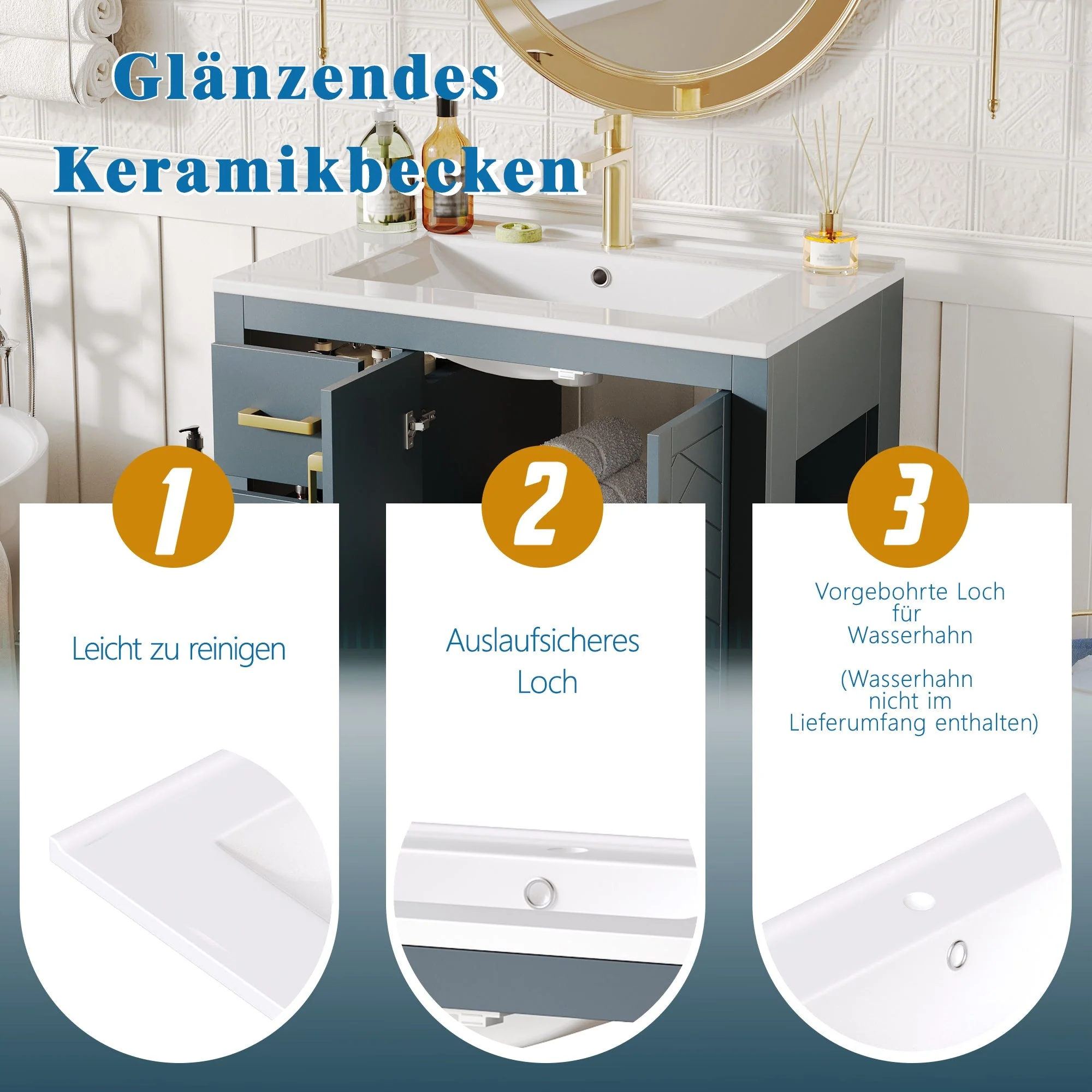 Bathroom Vanity Unit with Ceramic Sink and Storage Drawers, Blue - Image 9