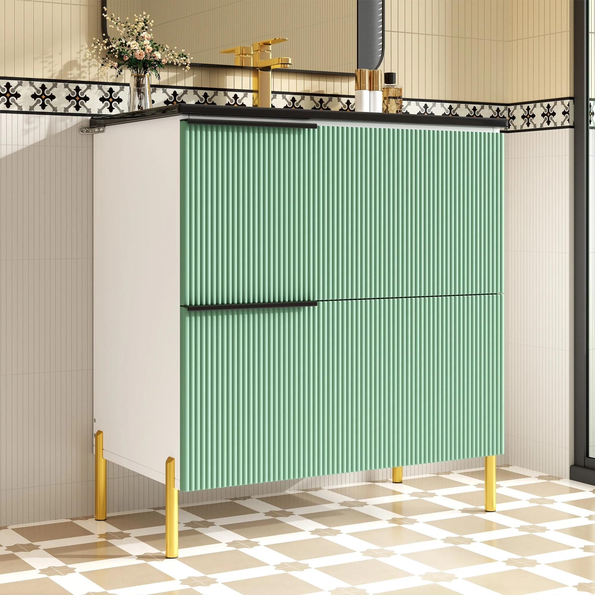 Bathroom Vanity Unit with Ceramic Sink and Storage Drawers, Green - Image 6