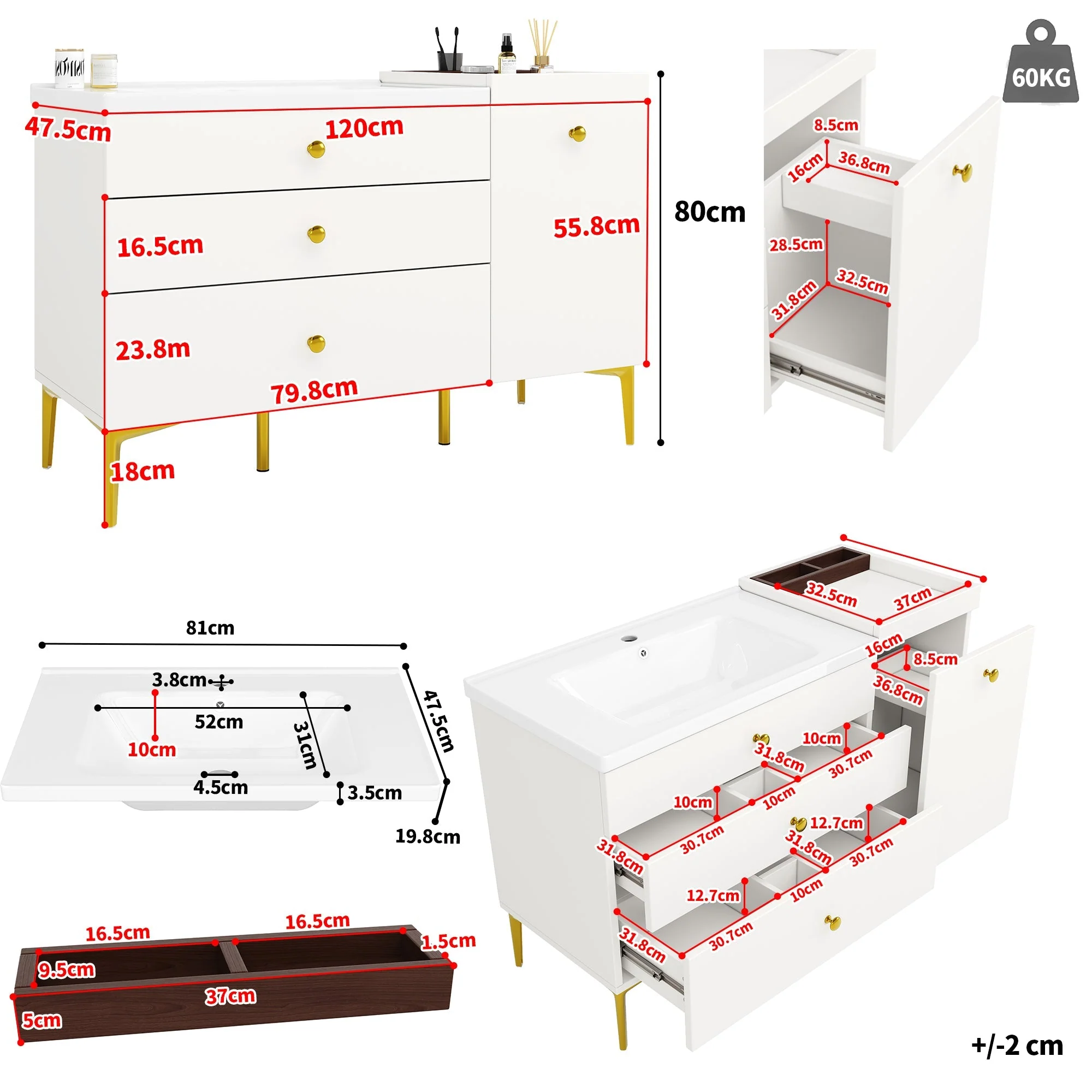 Bathroom Vanity Unit with Ceramic Sink and Storage Drawers, White and Gold - Image 5