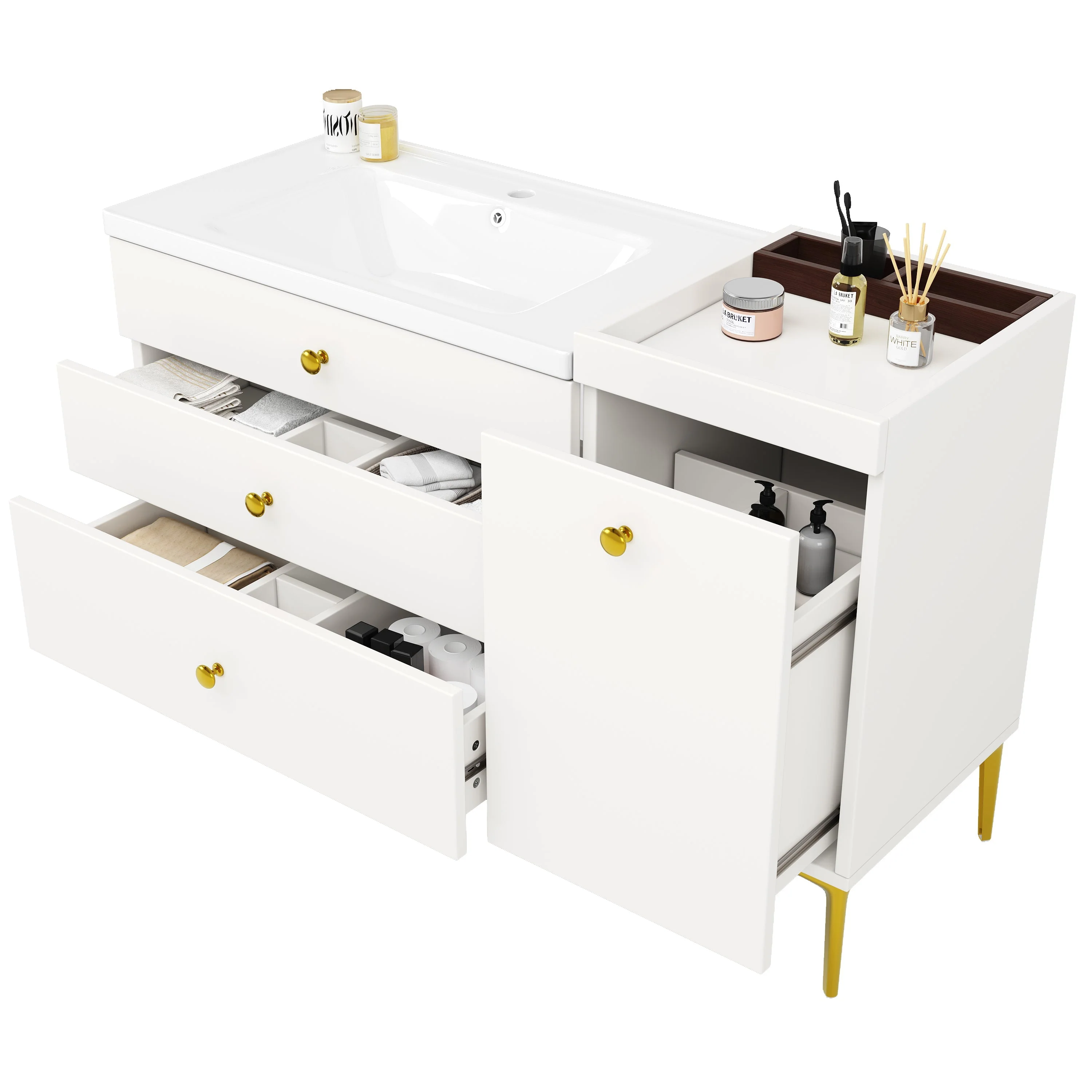 Bathroom Vanity Unit with Ceramic Sink and Storage Drawers, White and Gold - Image 6