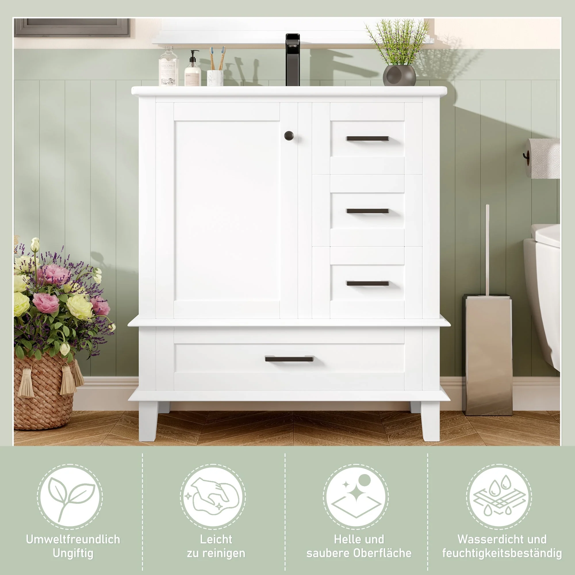 Bathroom Vanity Unit with Ceramic Sink and Three Silent Drawers, White - Image 10
