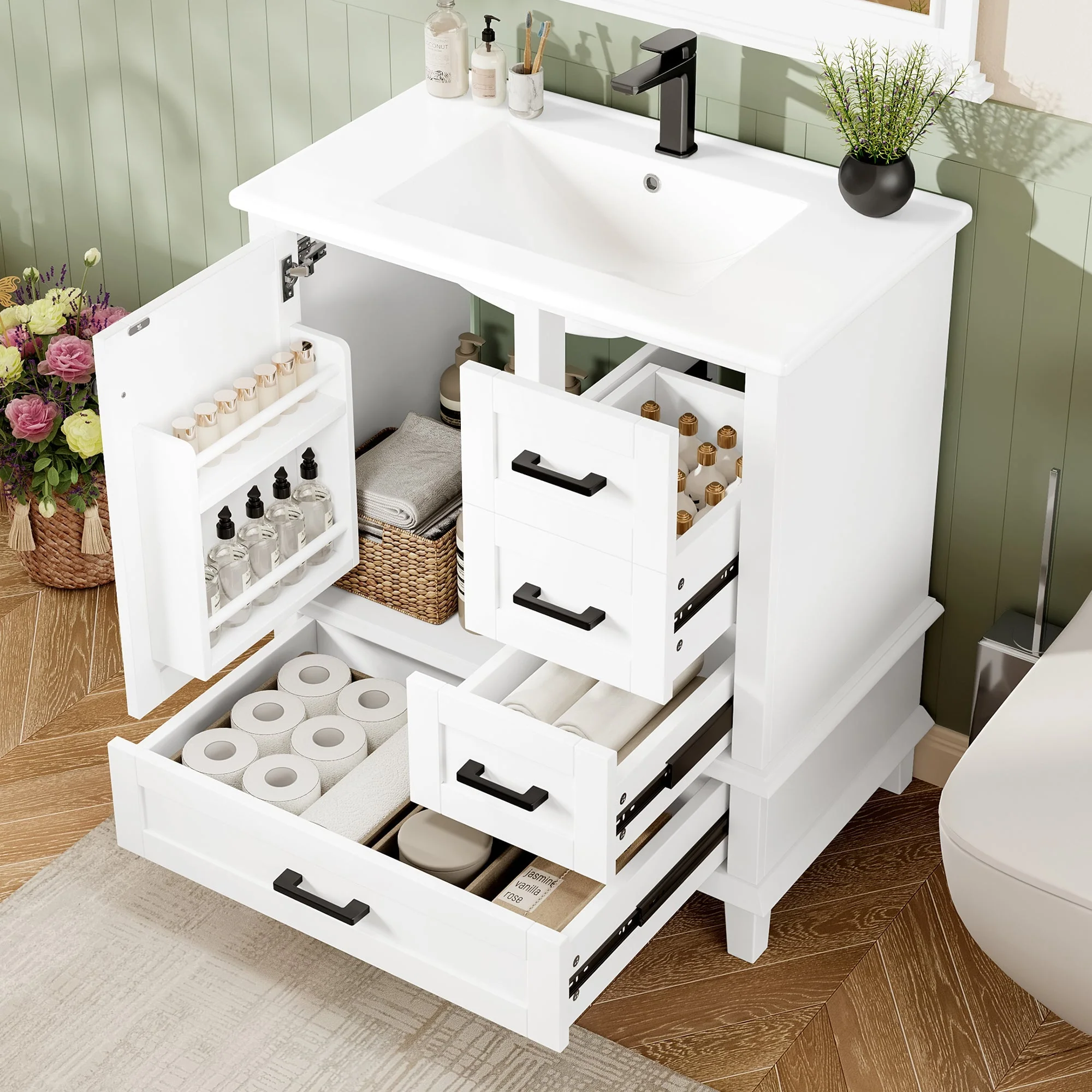 Bathroom Vanity Unit with Ceramic Sink and Three Silent Drawers, White - Image 3