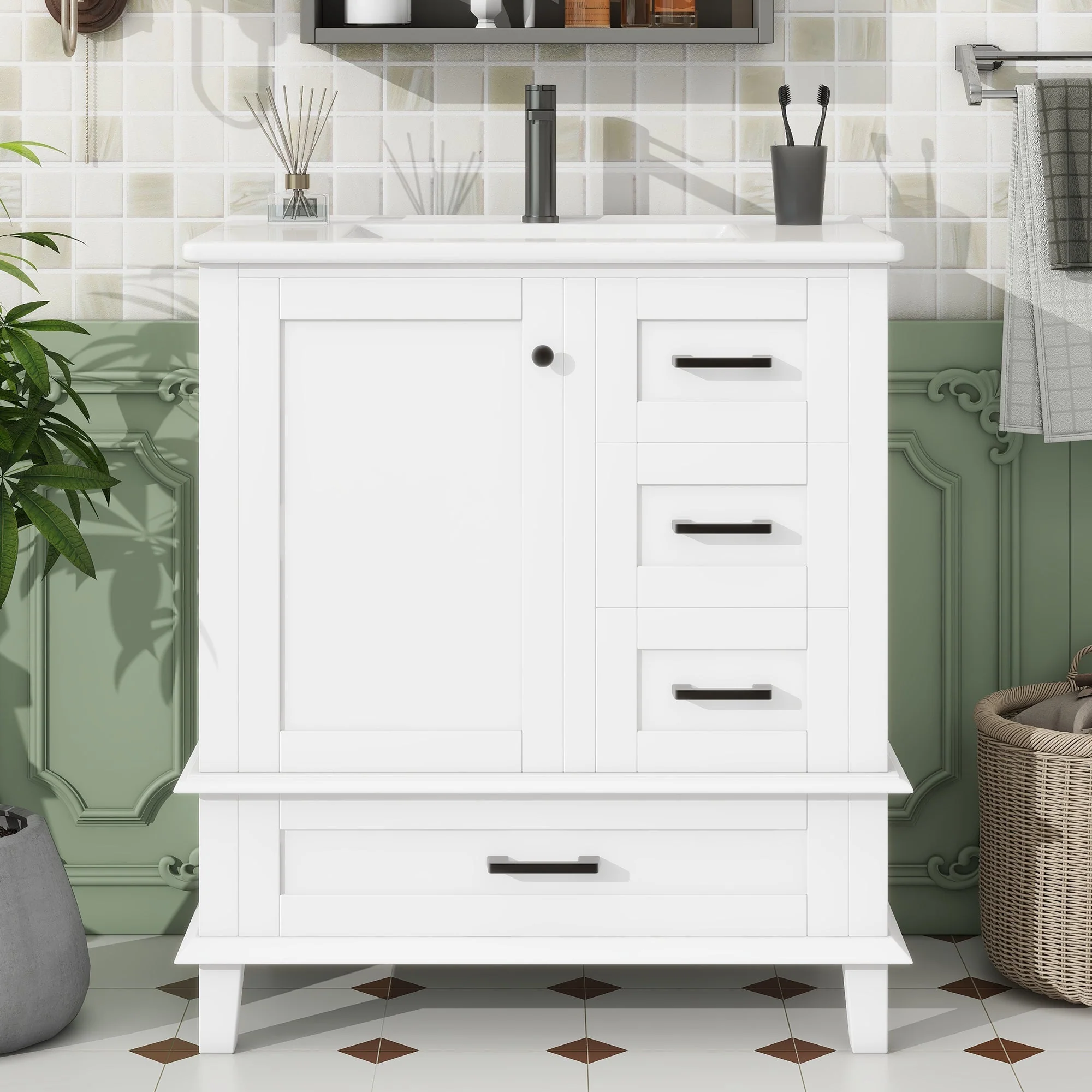 Bathroom Vanity Unit with Ceramic Sink and Three Silent Drawers, White - Image 4