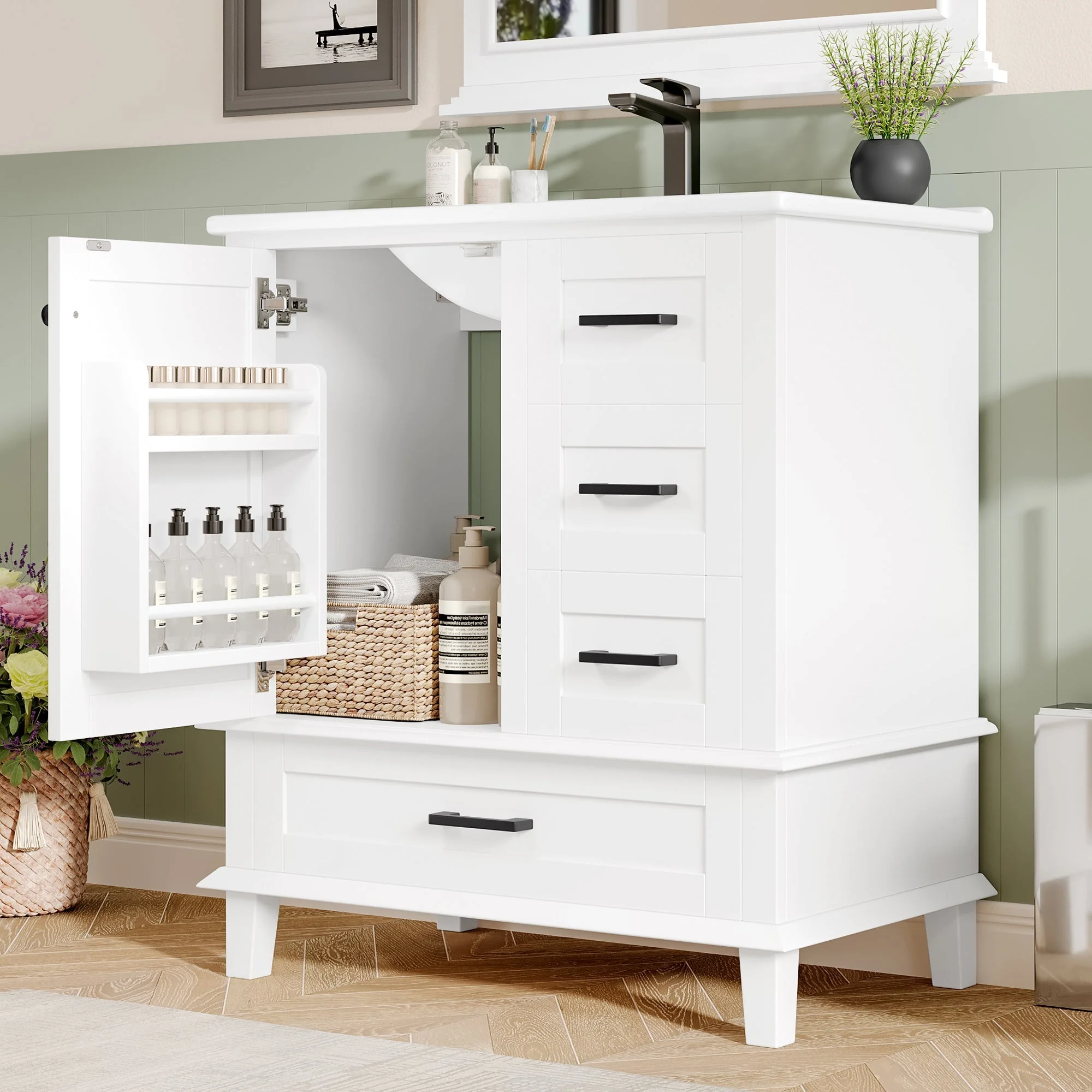 Bathroom Vanity Unit with Ceramic Sink and Three Silent Drawers, White - Image 6