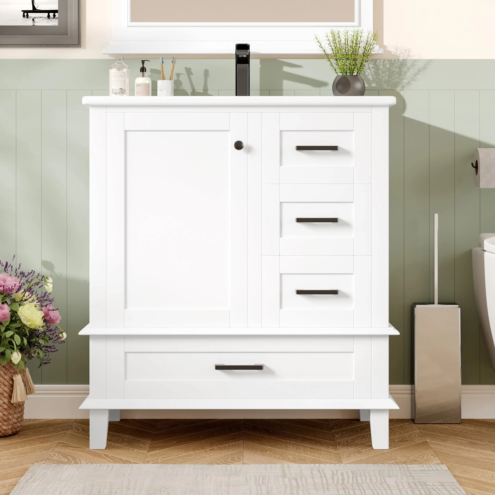 Bathroom Vanity Unit with Ceramic Sink and Three Silent Drawers, White - Image 7