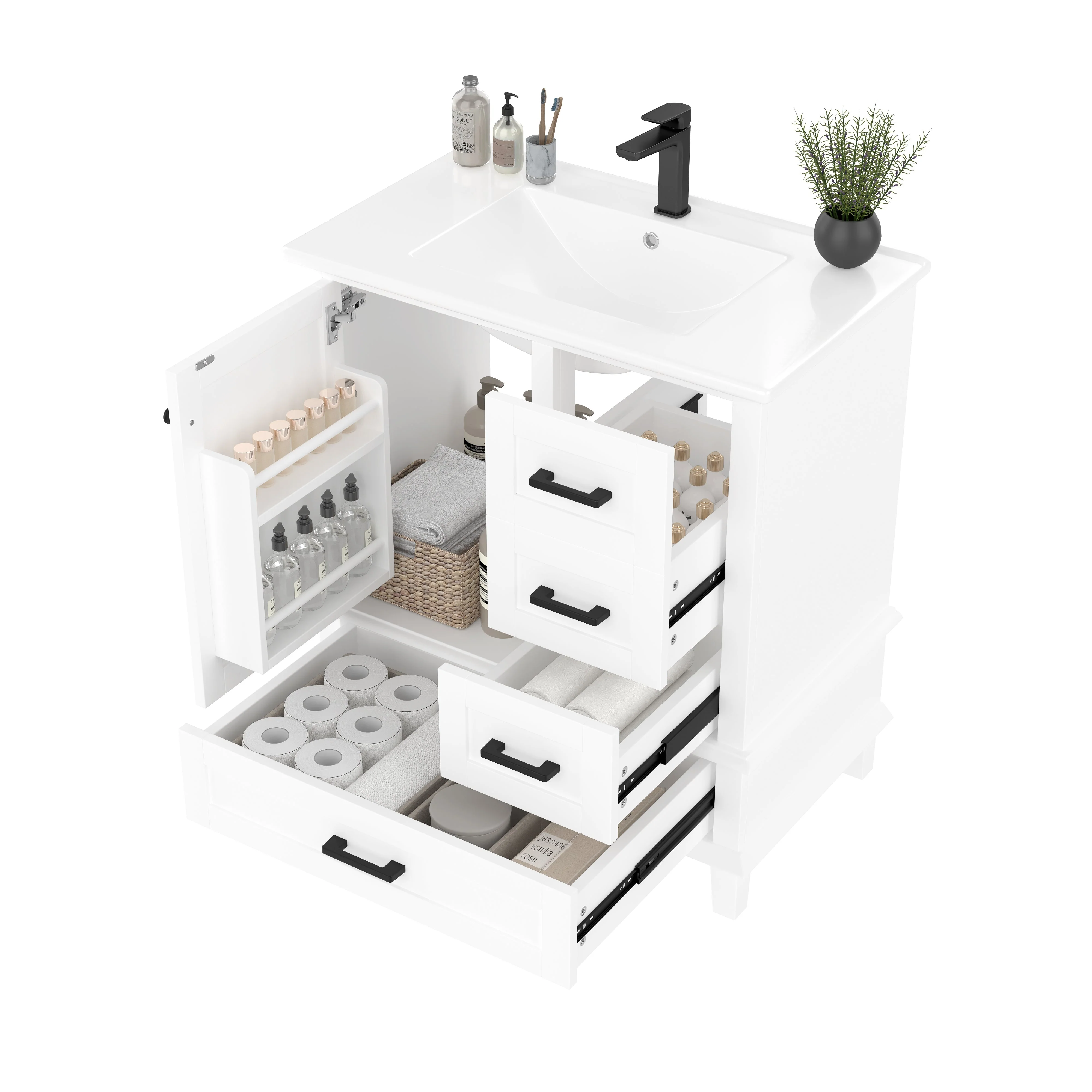 Bathroom Vanity Unit with Ceramic Sink and Three Silent Drawers, White - Image 8