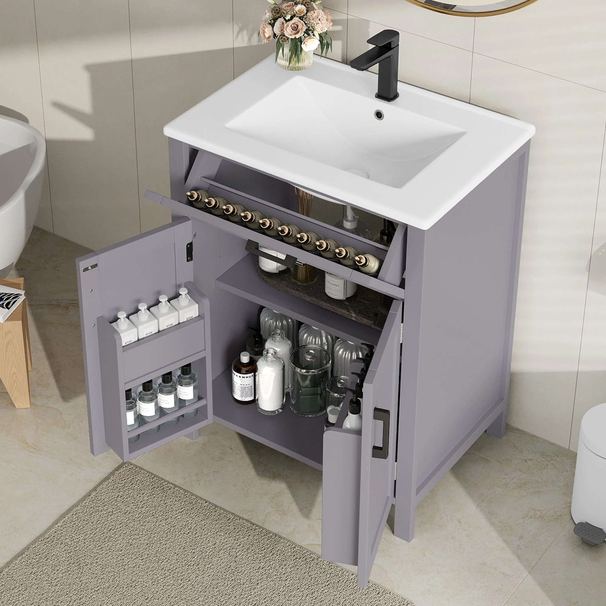 Bathroom Vanity Unit with Integrated Ceramic Sink and Storage Shelves, Grey - Image 2