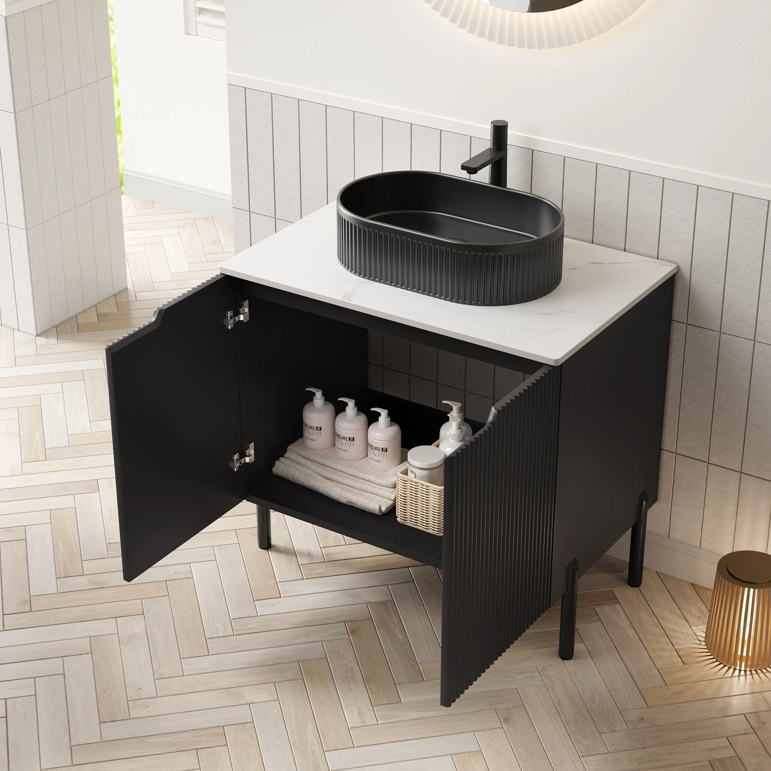 Bathroom Vanity Unit with Oval Ceramic Basin and Sintered Stone Countertop, Black - Image 2