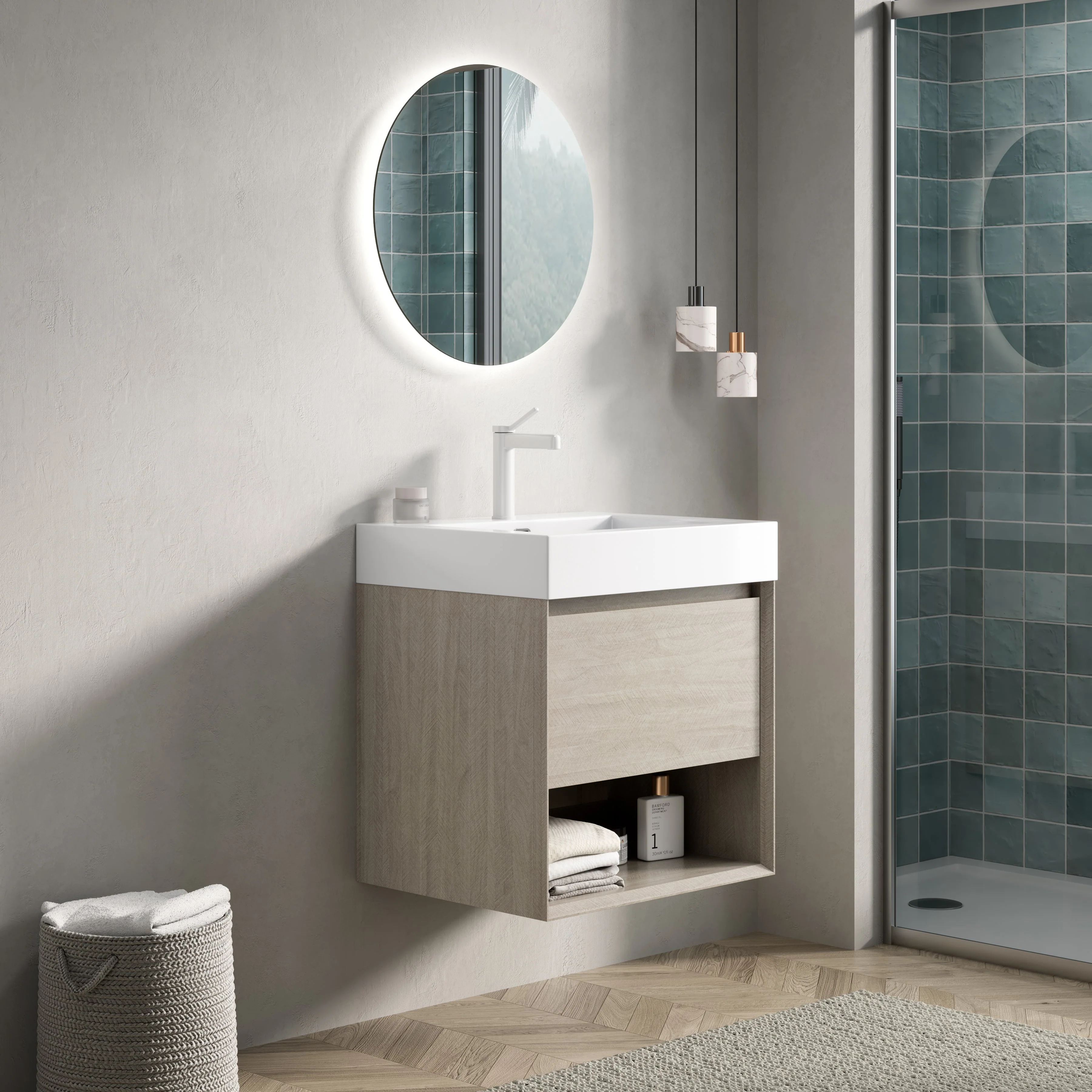 Bathroom Vanity Unit with Resin Basin and Storage, Light Oak Wood Grain - Image 2
