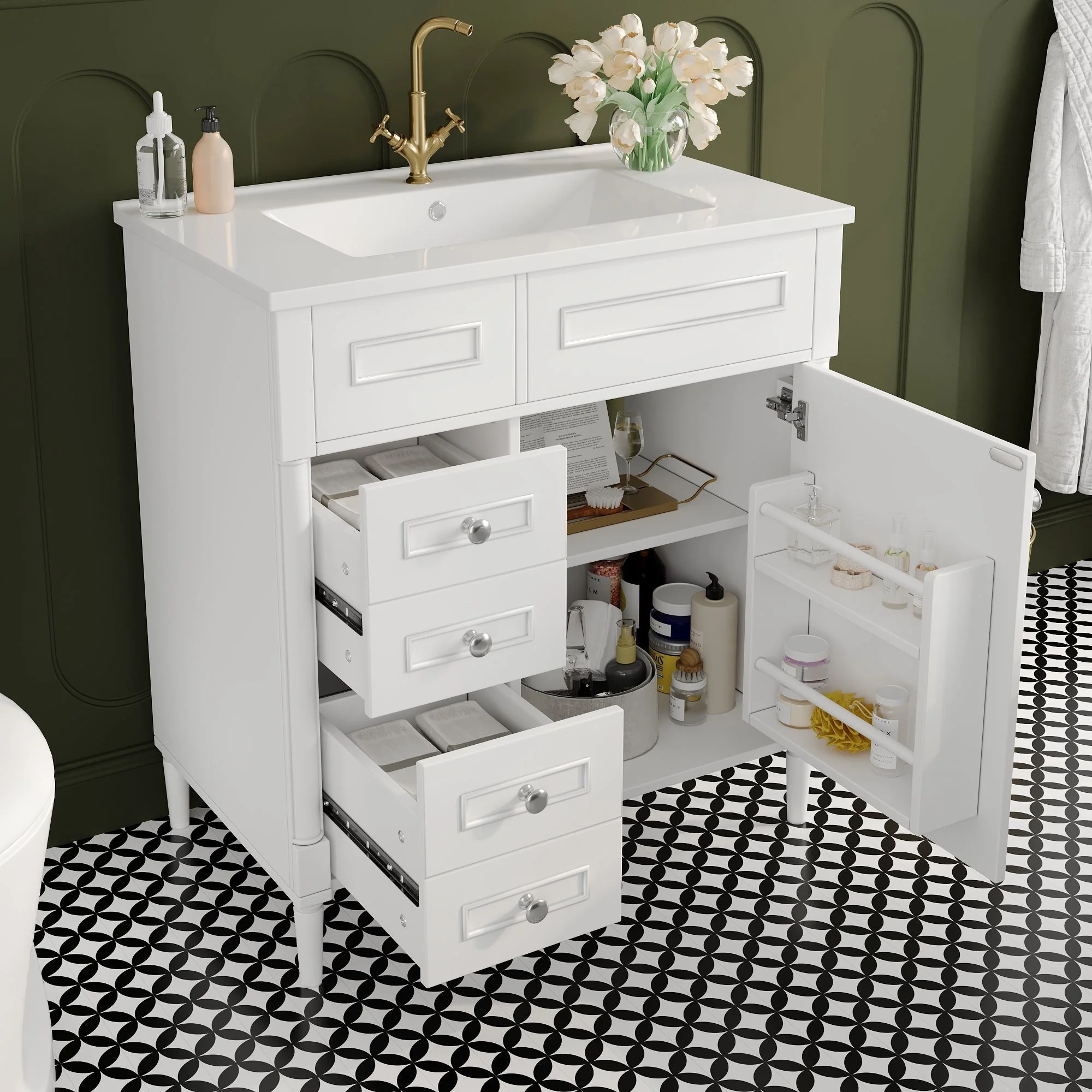 Bathroom Vanity Unit with Sink and 2 Storage Drawers, White - Image 3