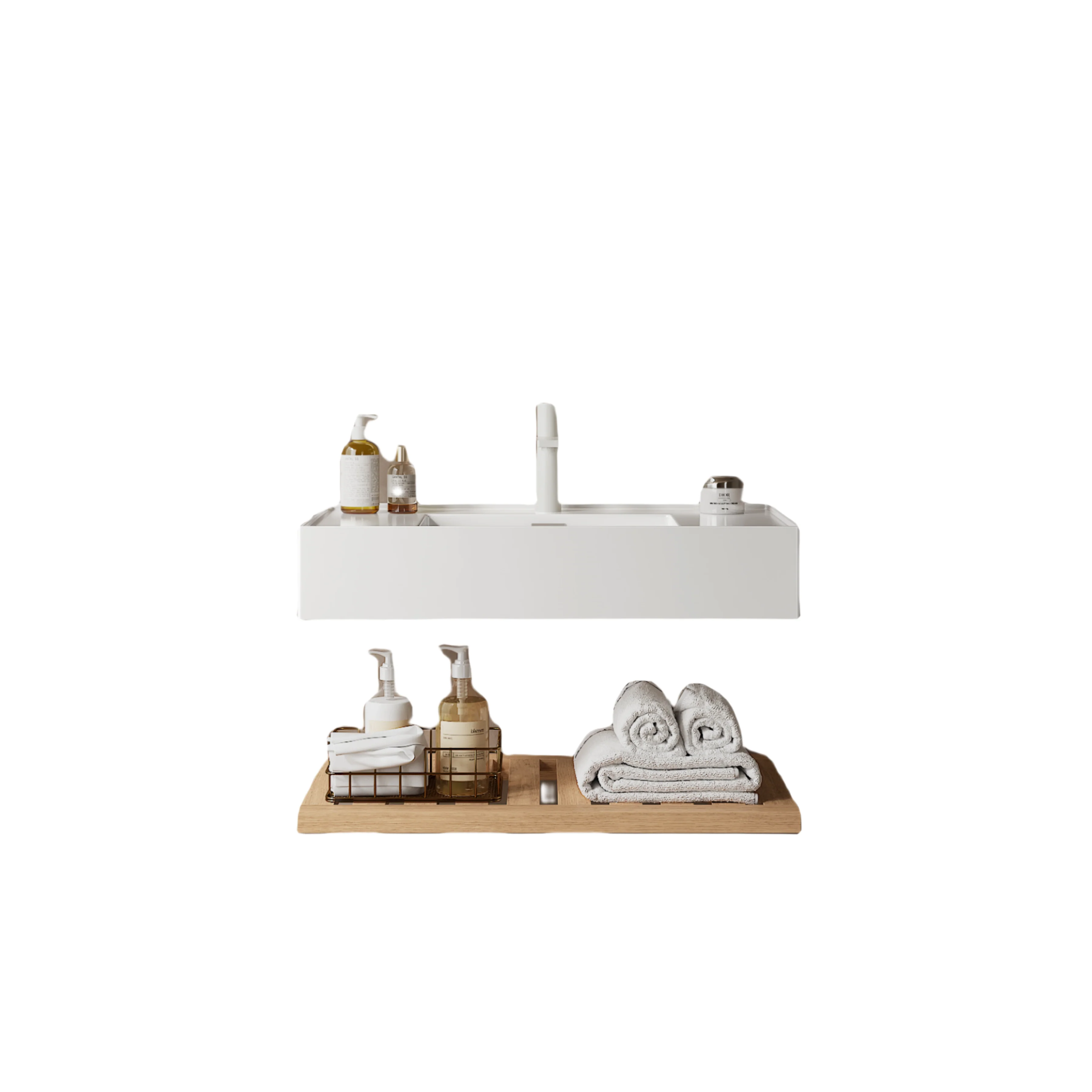 Bathroom Vanity Unit with Wall-Hung Acrylic Basin and Striped Shelf, 75cm, Natural Wood Grain - Image 3