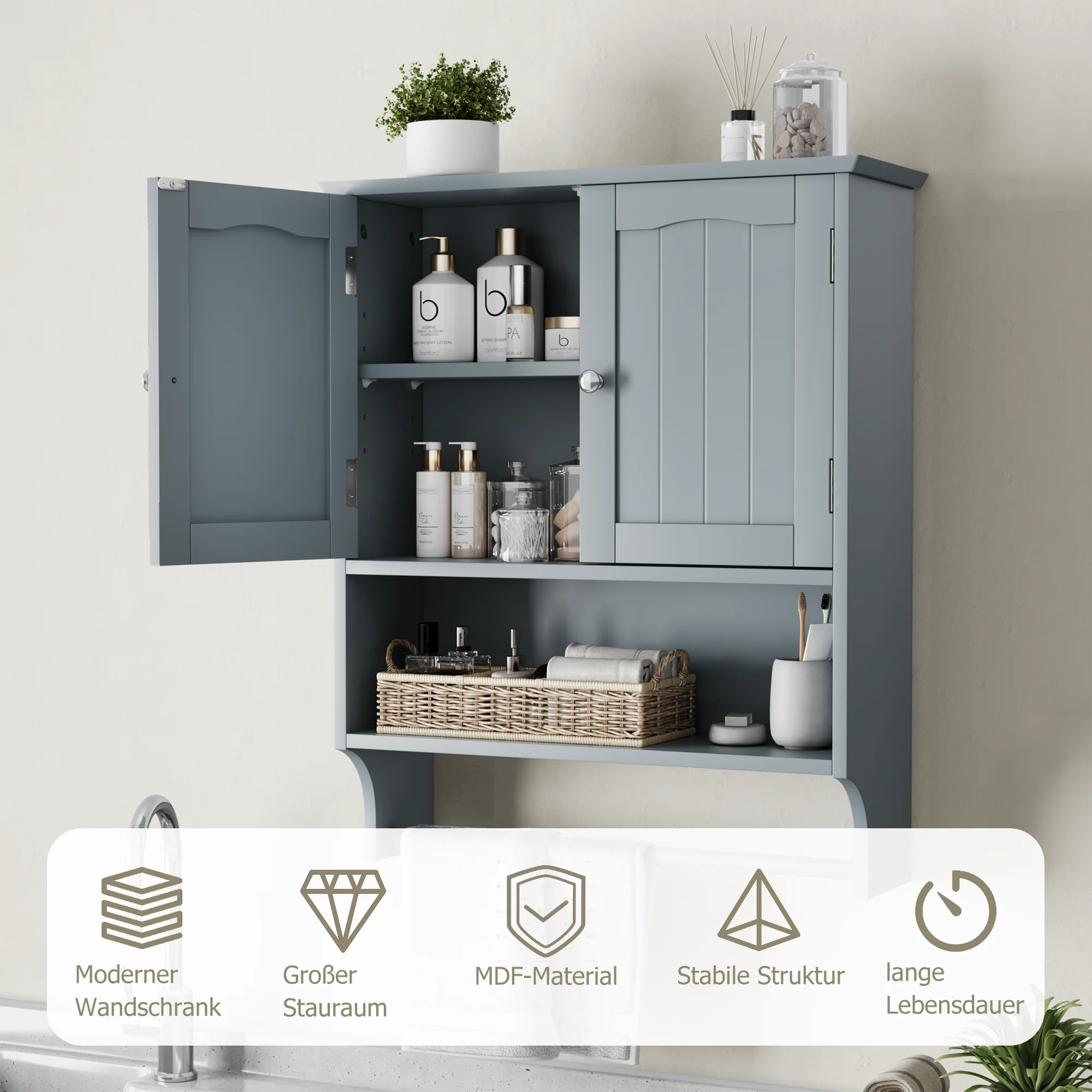 Bathroom Wall Cabinet, 2 Doors, Open Shelves & Towel Rail, Grey - Image 6