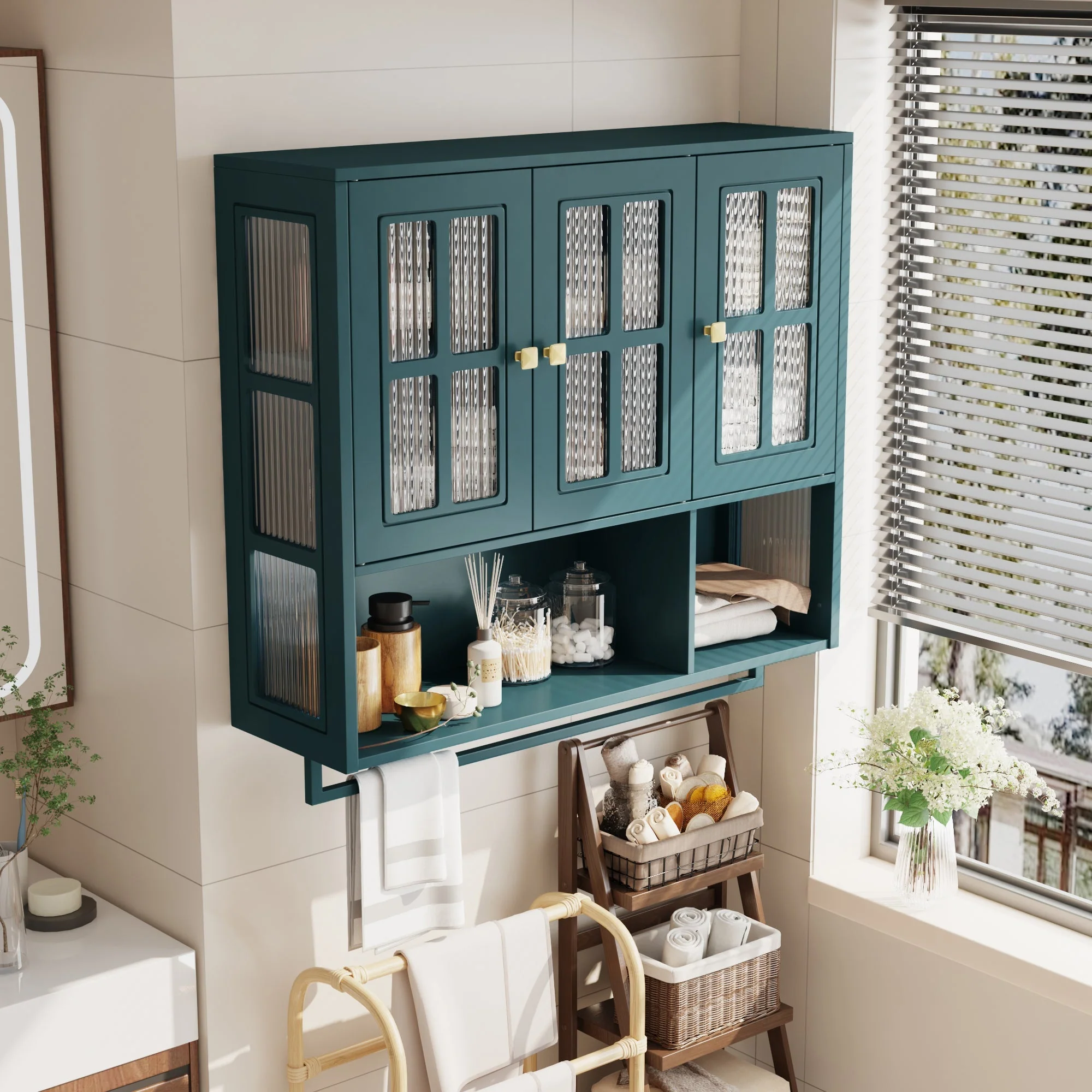 Bathroom Wall Cabinet 3-Door Wooden Glass Door Towel Bar - Dark Green - Image 3