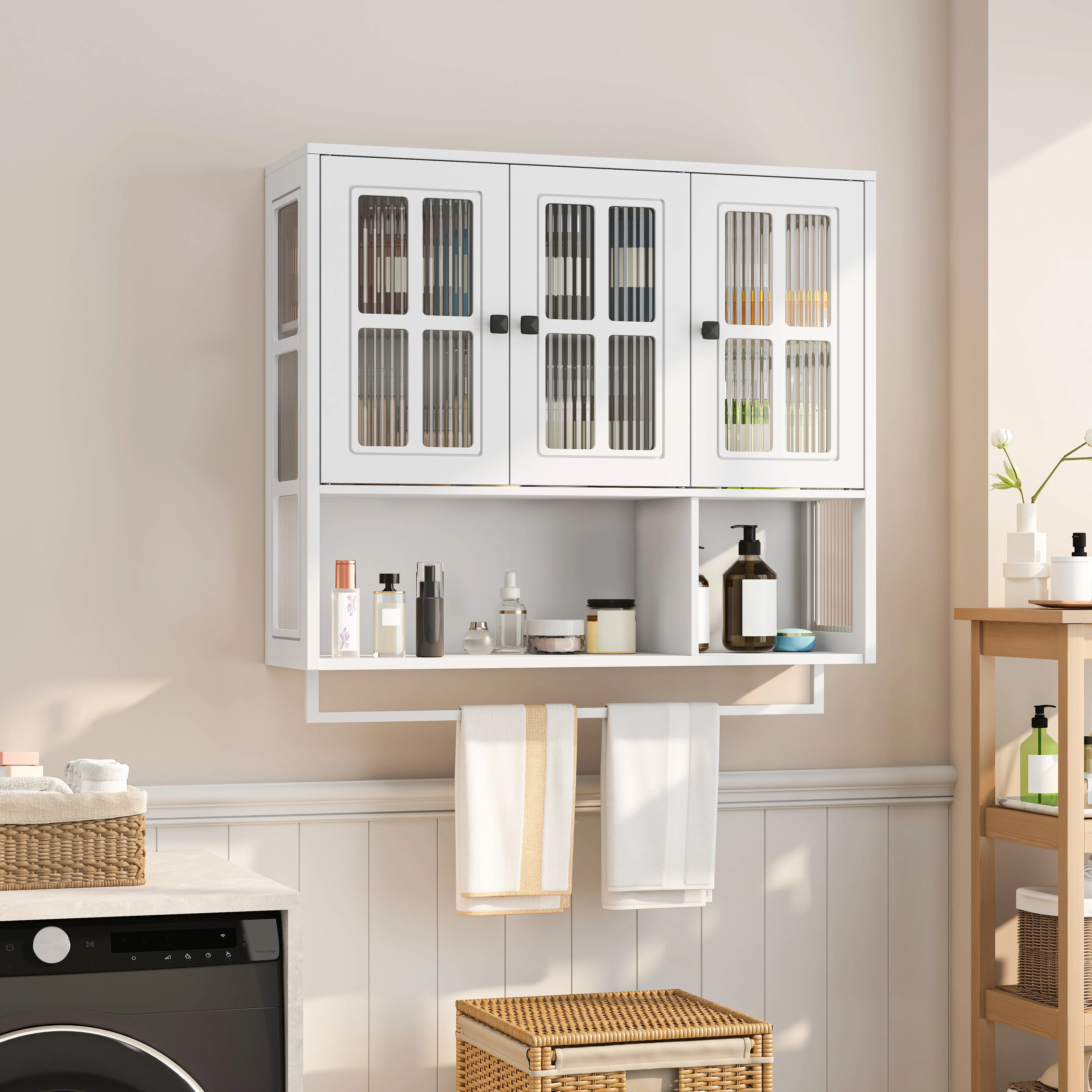 Bathroom Wall Cabinet, 3-Door Wooden with Open/Hidden Storage & Towel Bar, White - Image 2