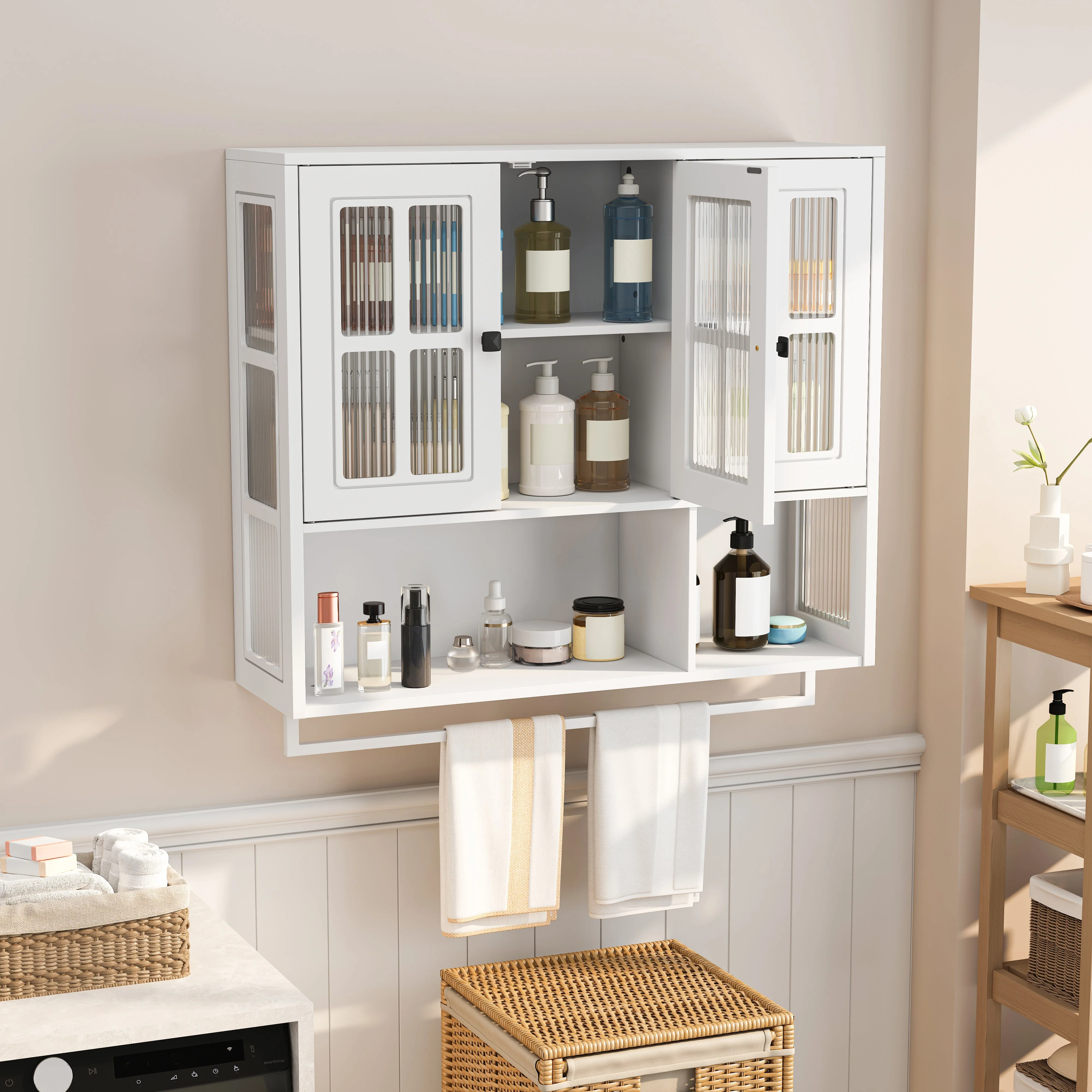Bathroom Wall Cabinet, 3-Door Wooden with Open/Hidden Storage & Towel Bar, White - Image 3