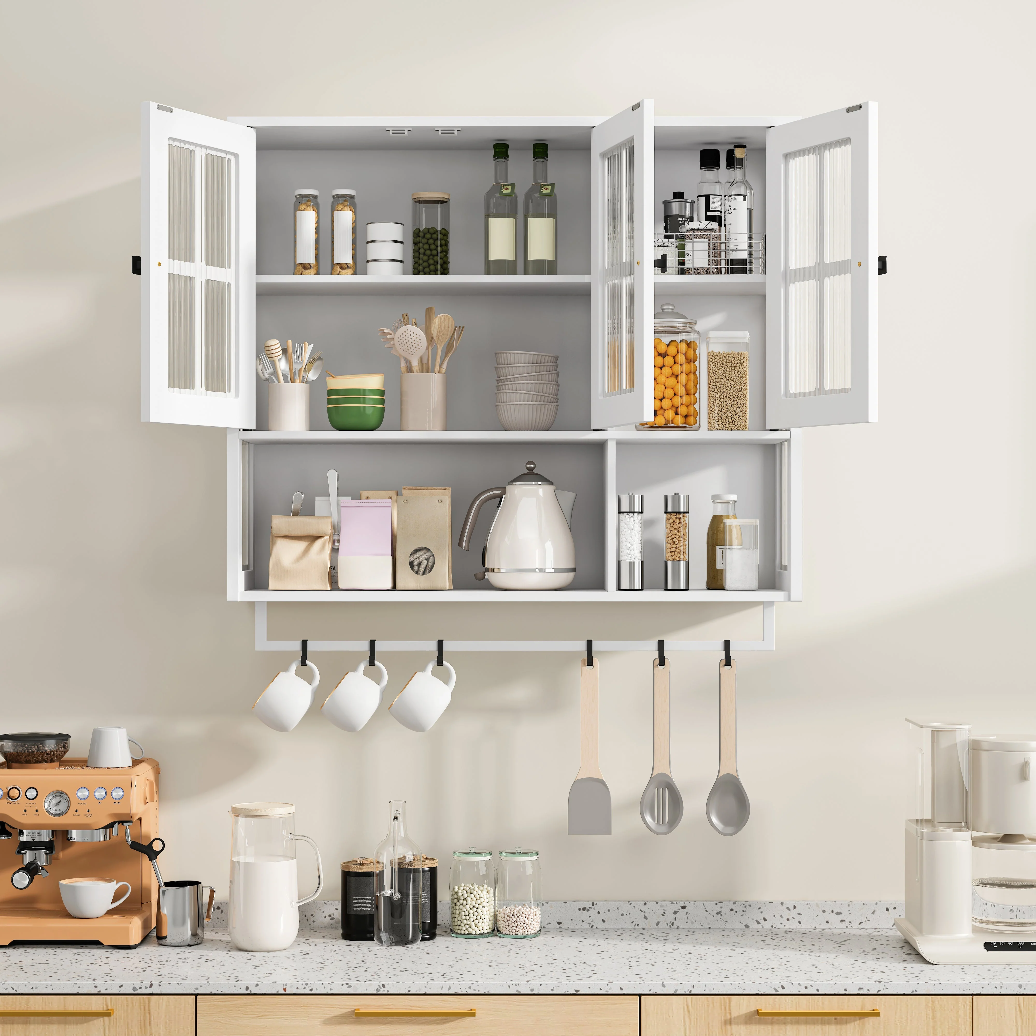 Bathroom Wall Cabinet, 3-Door Wooden with Open/Hidden Storage & Towel Bar, White - Image 4
