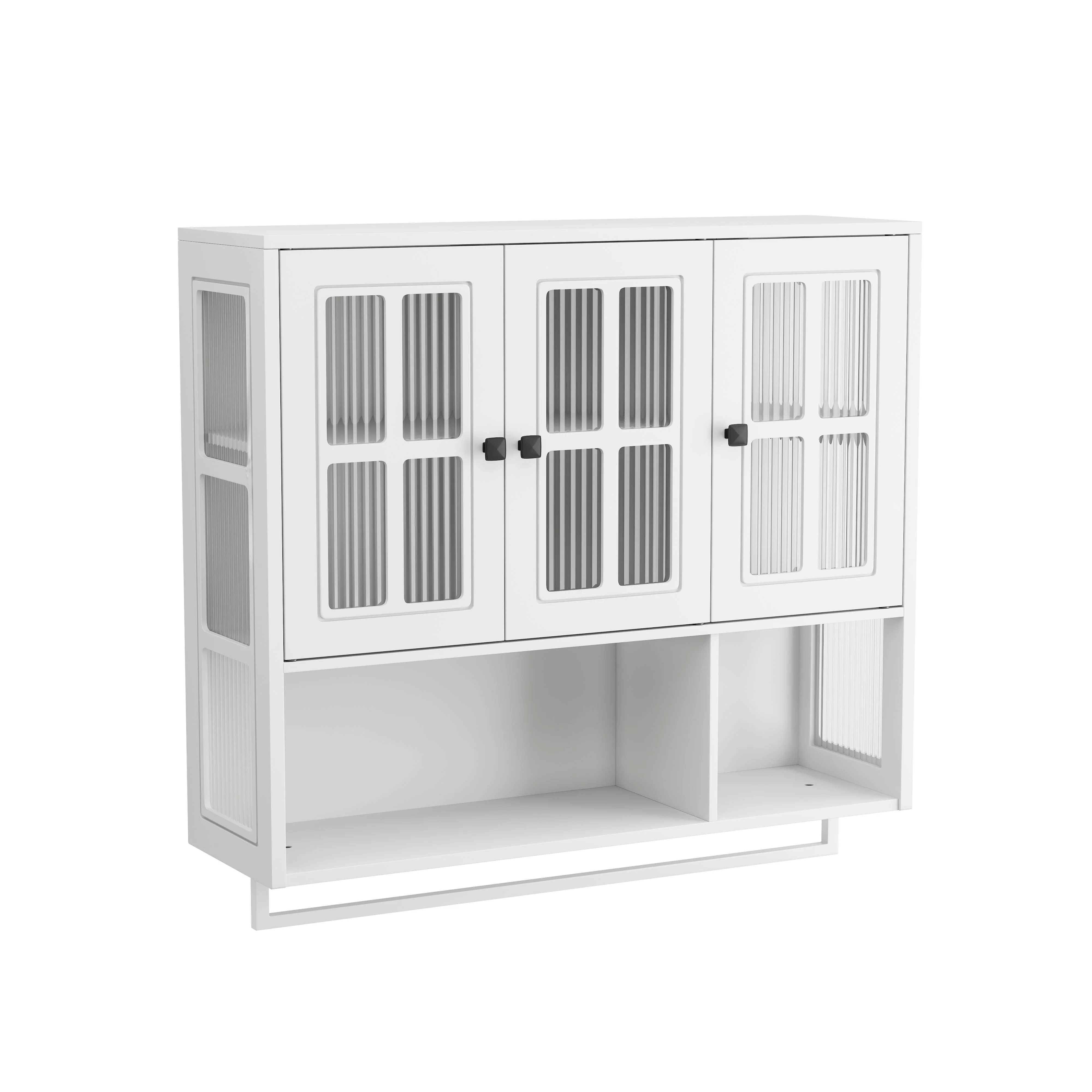 Bathroom Wall Cabinet, 3-Door Wooden with Open/Hidden Storage & Towel Bar, White - Image 6