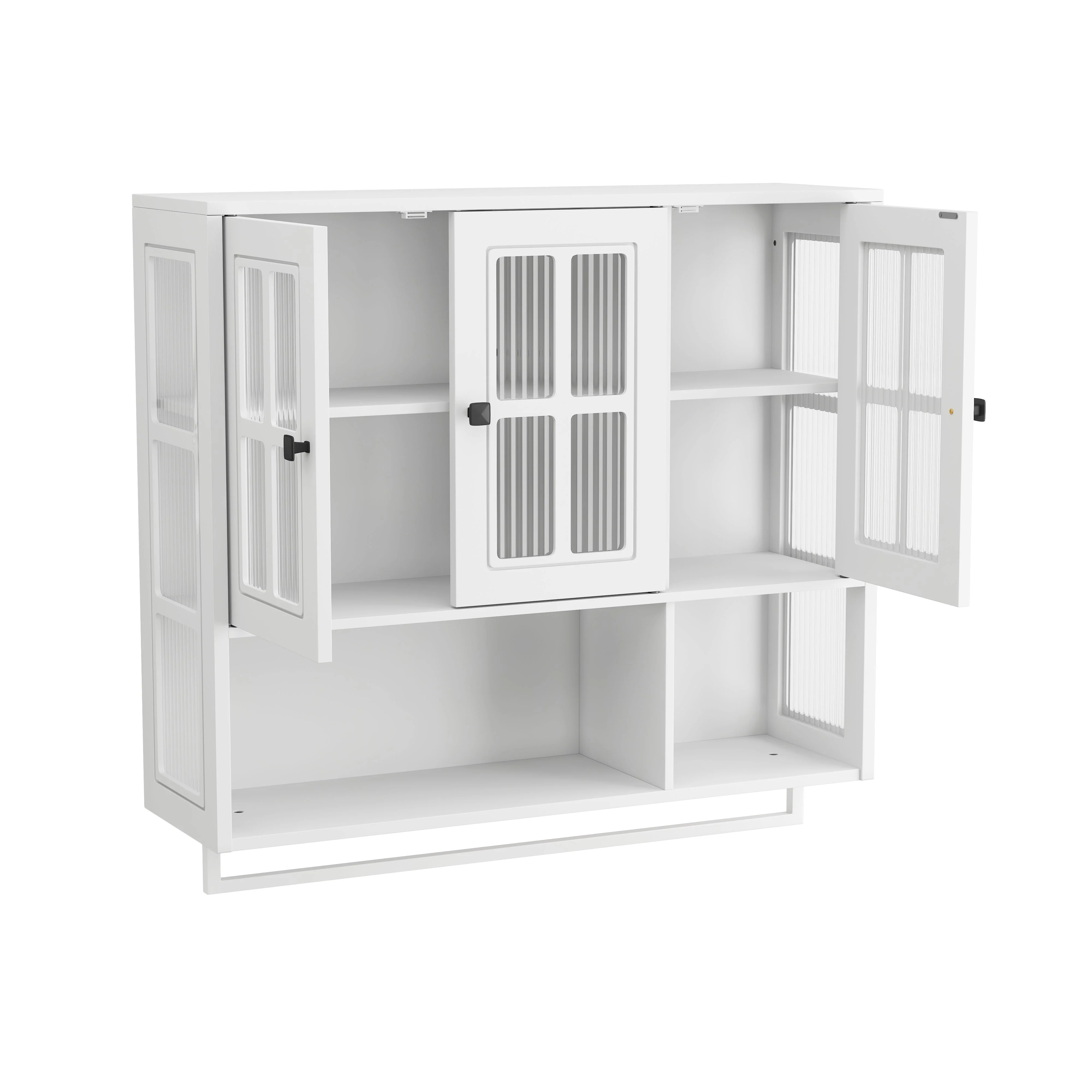 Bathroom Wall Cabinet, 3-Door Wooden with Open/Hidden Storage & Towel Bar, White - Image 8