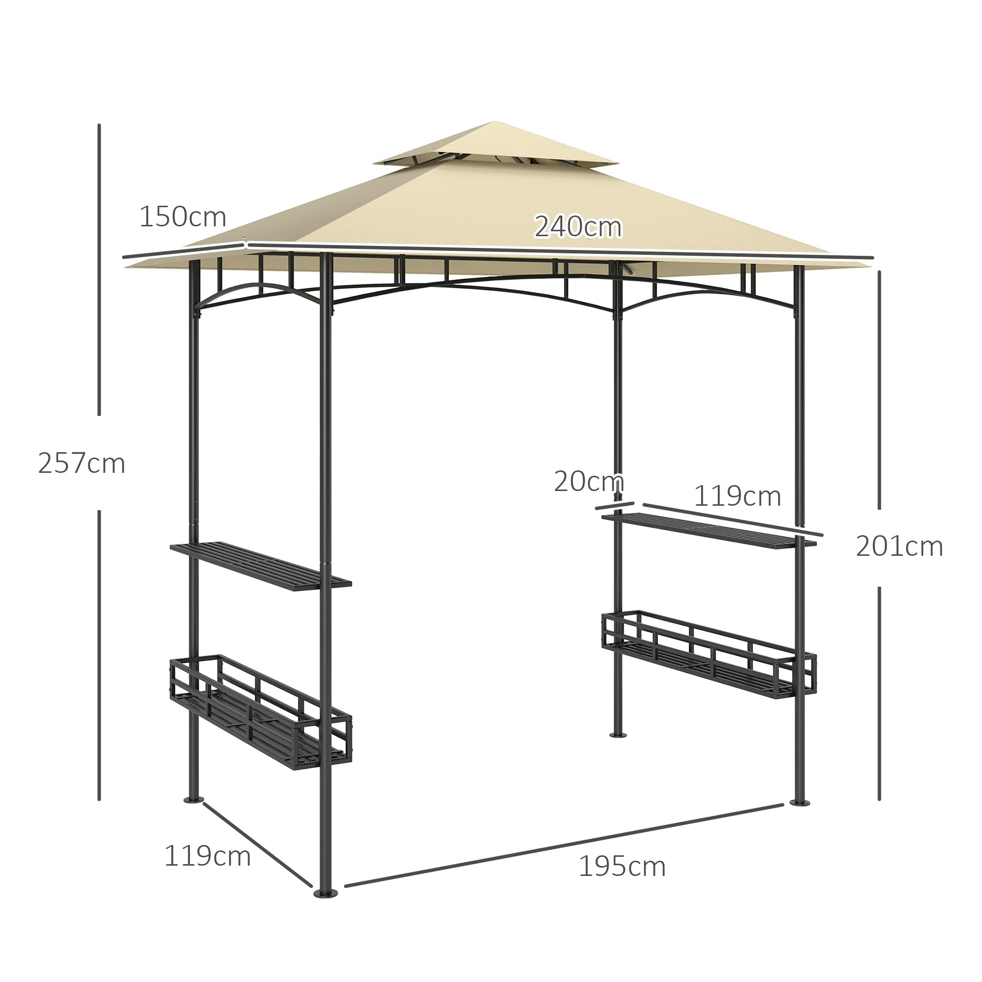 BBQ Pavilion, Double Roof, Side Shelves, Steel, Beige - Image 3