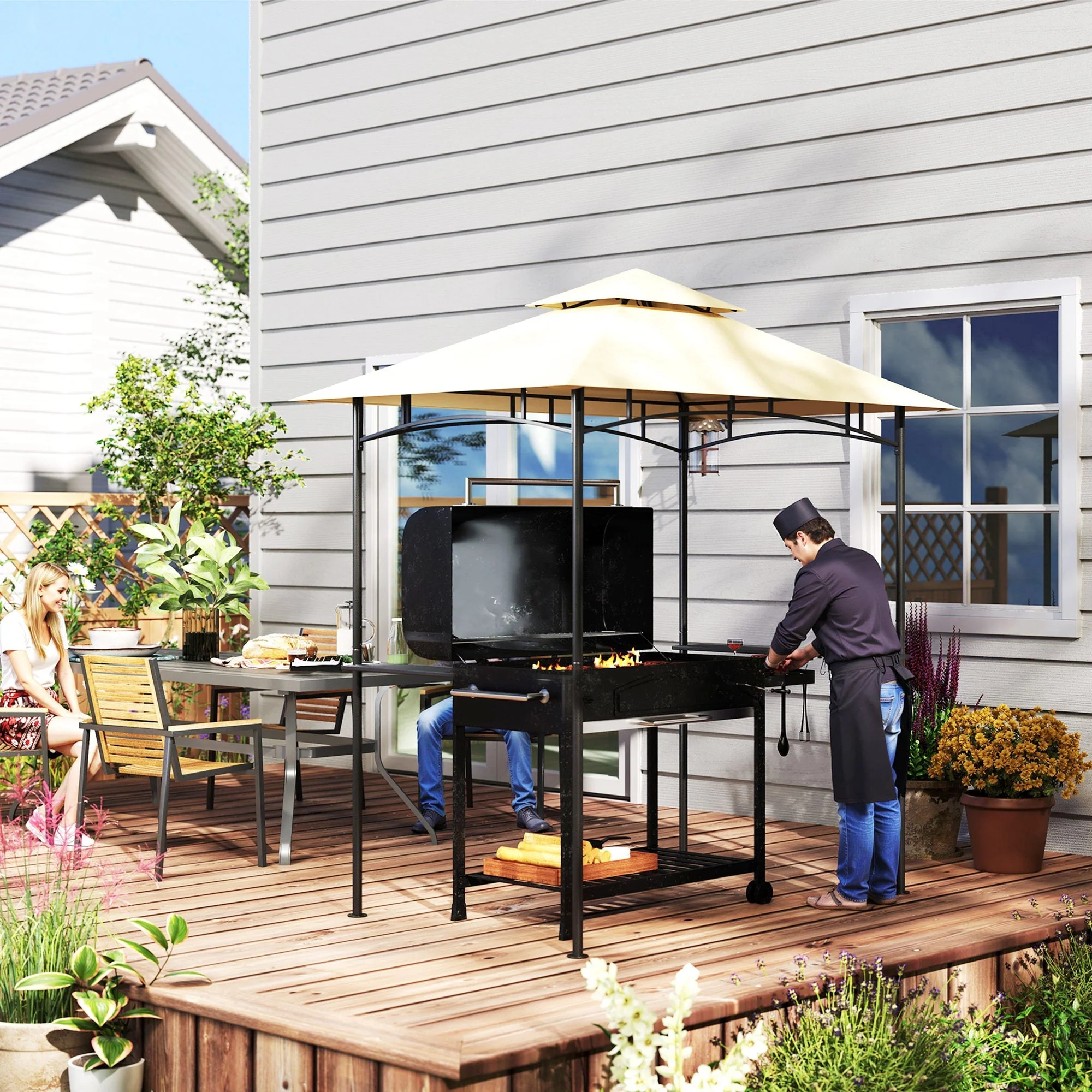 BBQ Pavilion, LED Double-layer Roof Side Shelves, Beige - Image 8