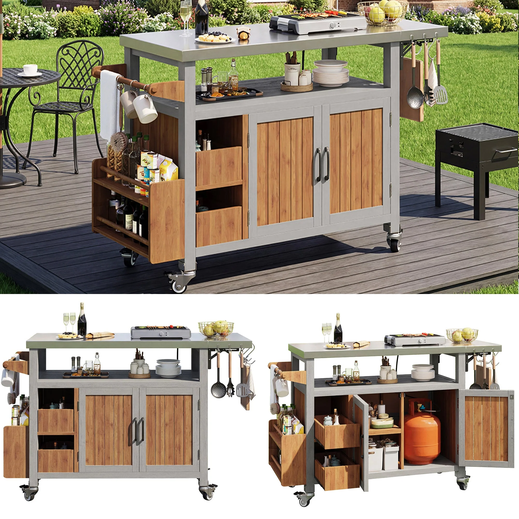 BBQ Side Table with Stainless Steel Worktop and Pull-out Shelf, Solid Wood - Image 2