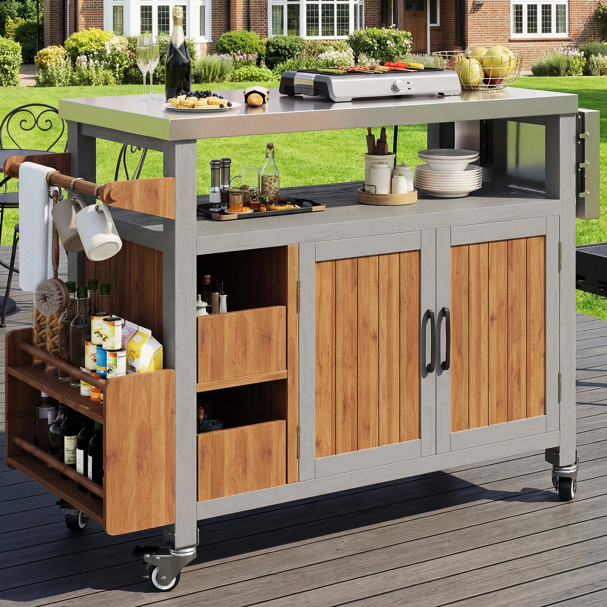 BBQ Side Table with Stainless Steel Worktop and Pull-out Shelf, Solid Wood - Image 3