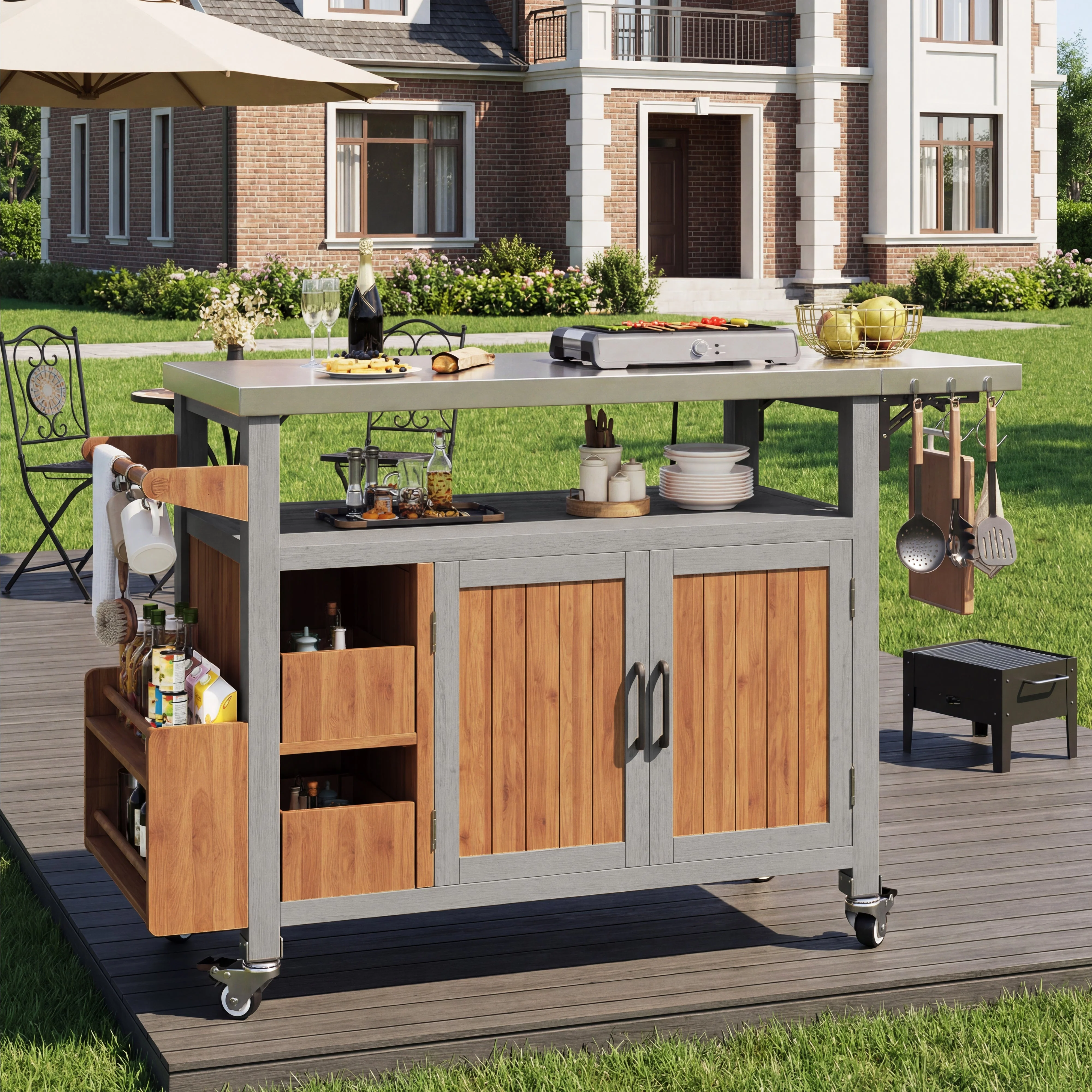 BBQ Side Table with Stainless Steel Worktop and Pull-out Shelf, Solid Wood - Image 5