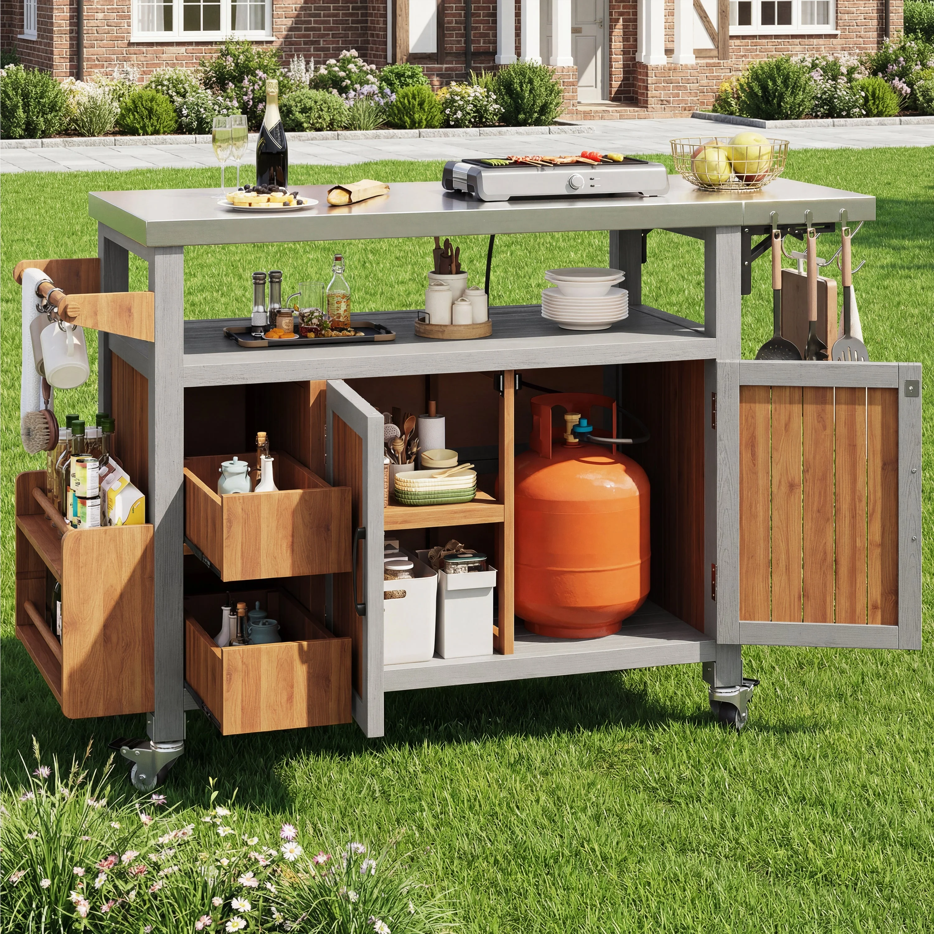 BBQ Side Table with Stainless Steel Worktop and Pull-out Shelf, Solid Wood - Image 6