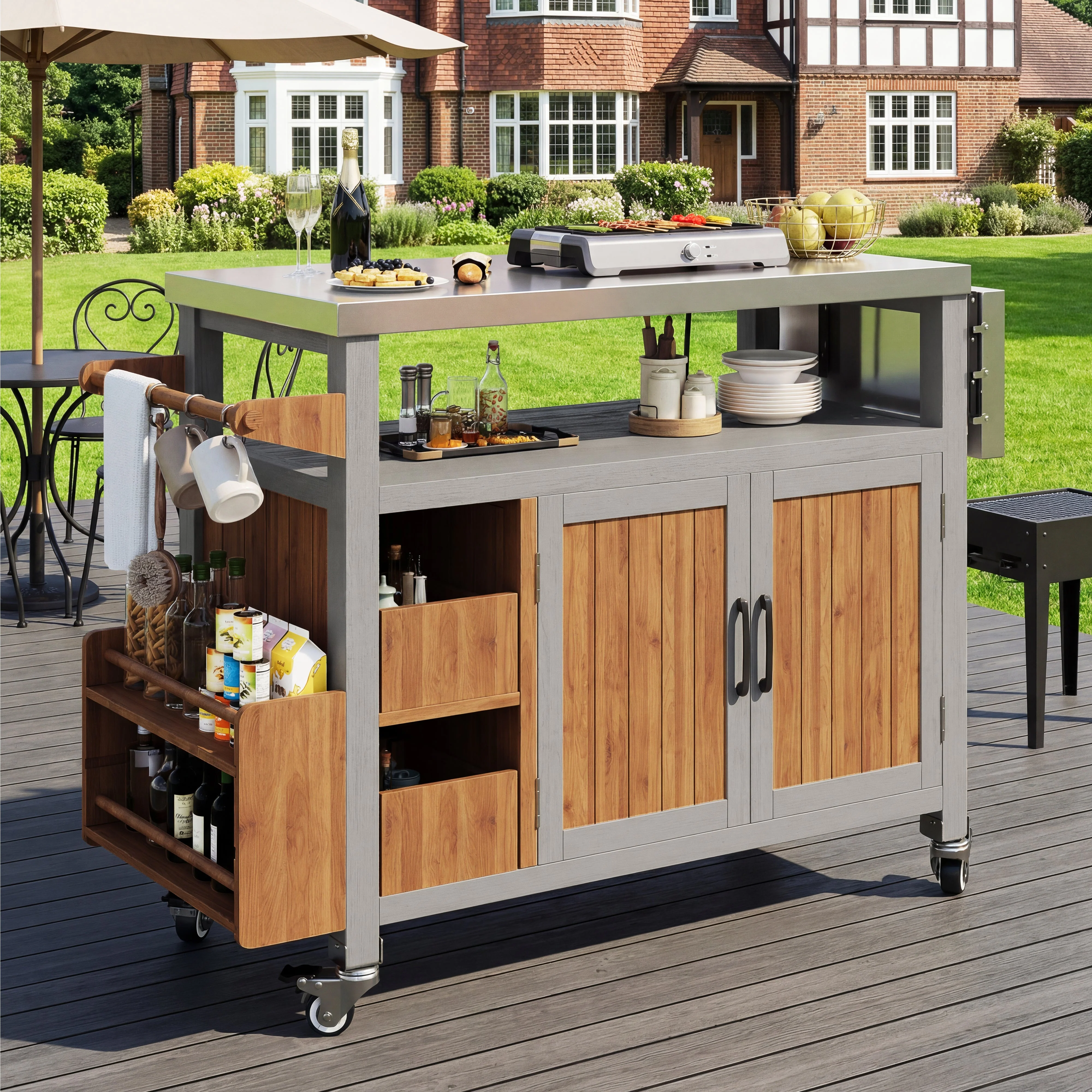 BBQ Side Table with Stainless Steel Worktop and Pull-out Shelf, Solid Wood - Image 7