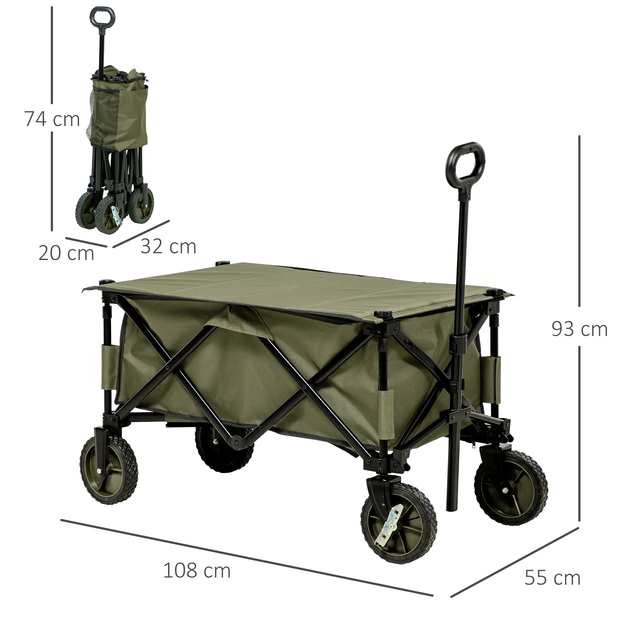 beach cart, foldable transport with 4 wheels, removable cover, height-adjustable handle, tilting tray, 5 storage bags, green - Image 3