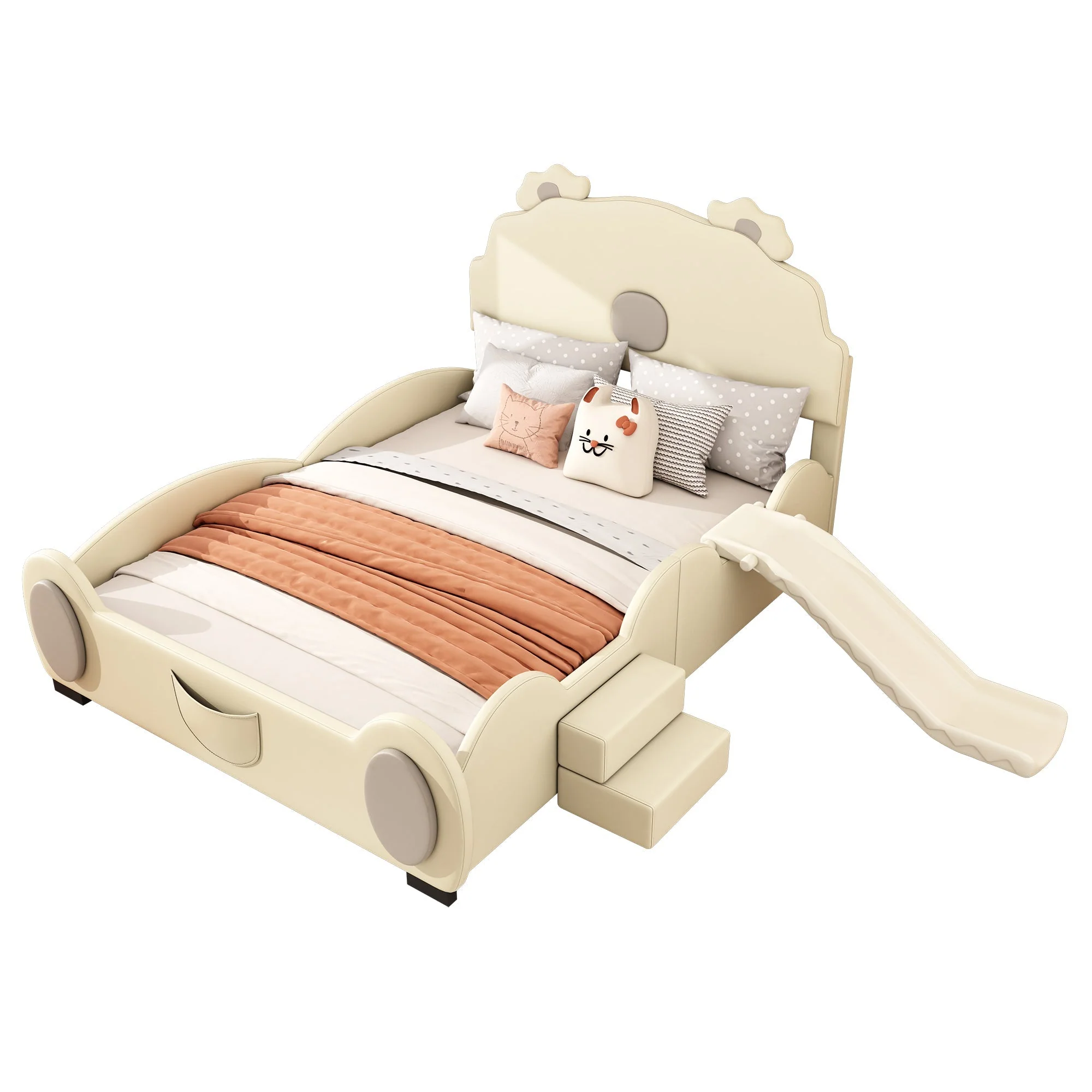 Bear Cartoon Bed for Children with Slide and Ladder, 140x200cm, Beige PU Leather - Image 5