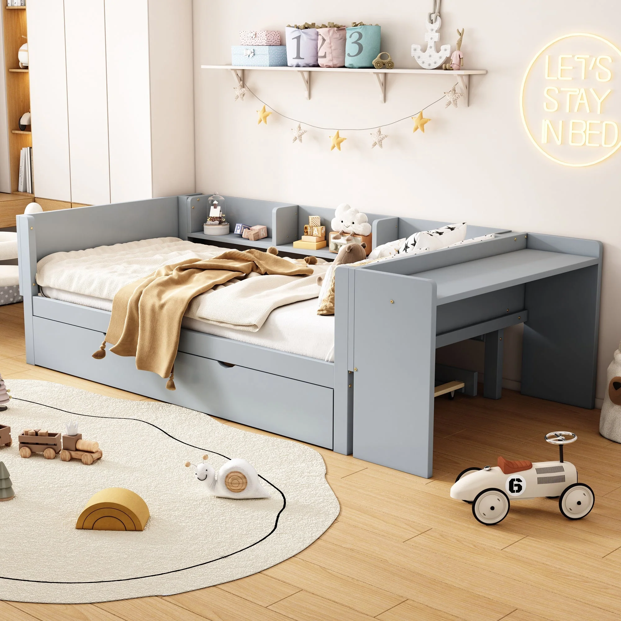 Bed 90x200cm Pull-out Desk 3 Side Shelves - Grey - Image 4
