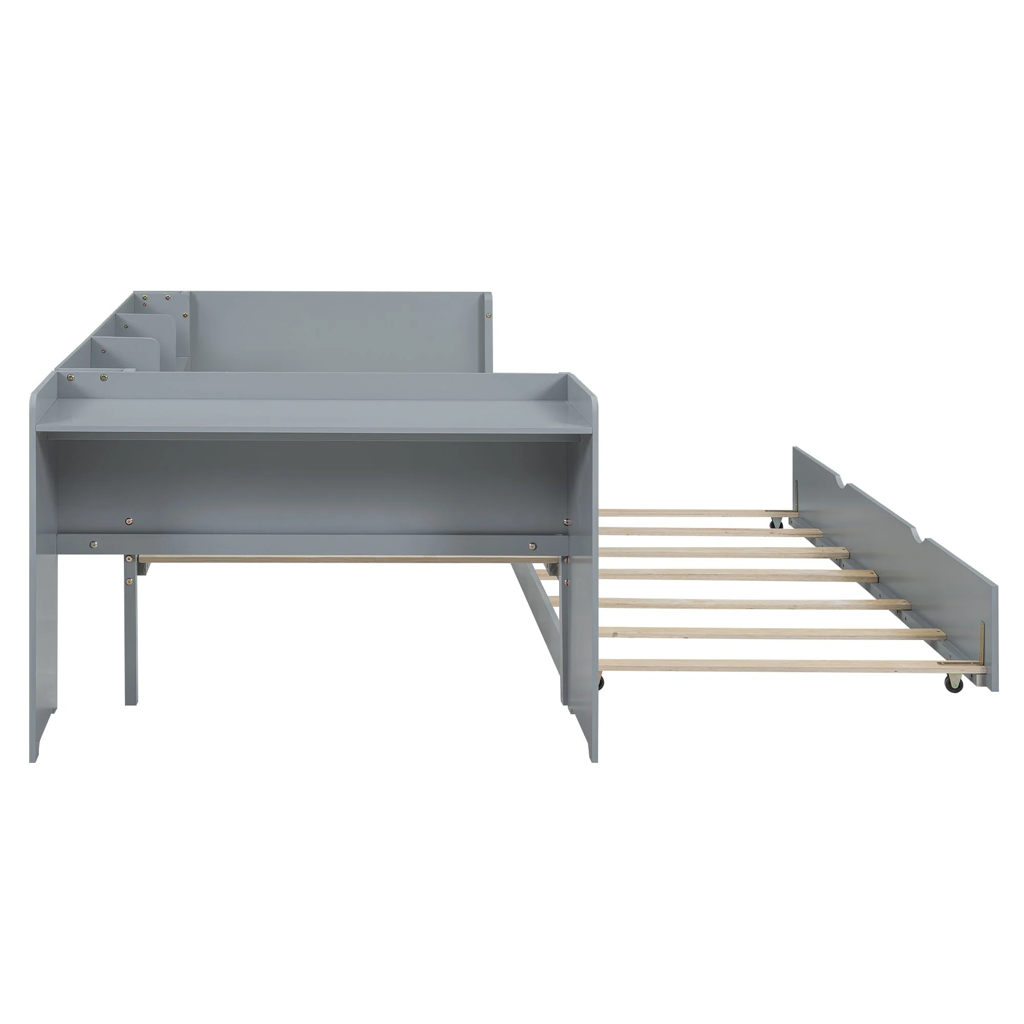 Bed 90x200cm Pull-out Desk 3 Side Shelves - Grey - Image 8