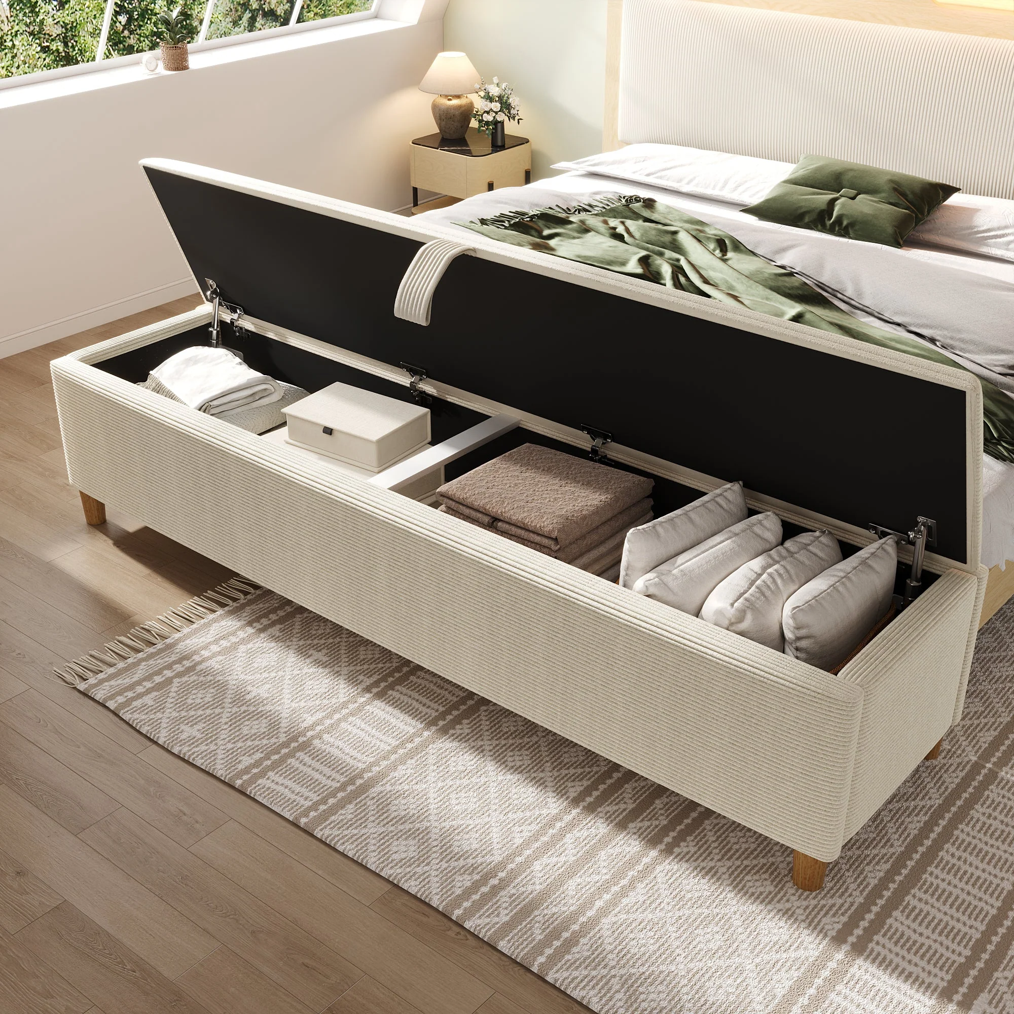 bed bench with storage space, 145 x 38 cm upholstered, beige corduroy