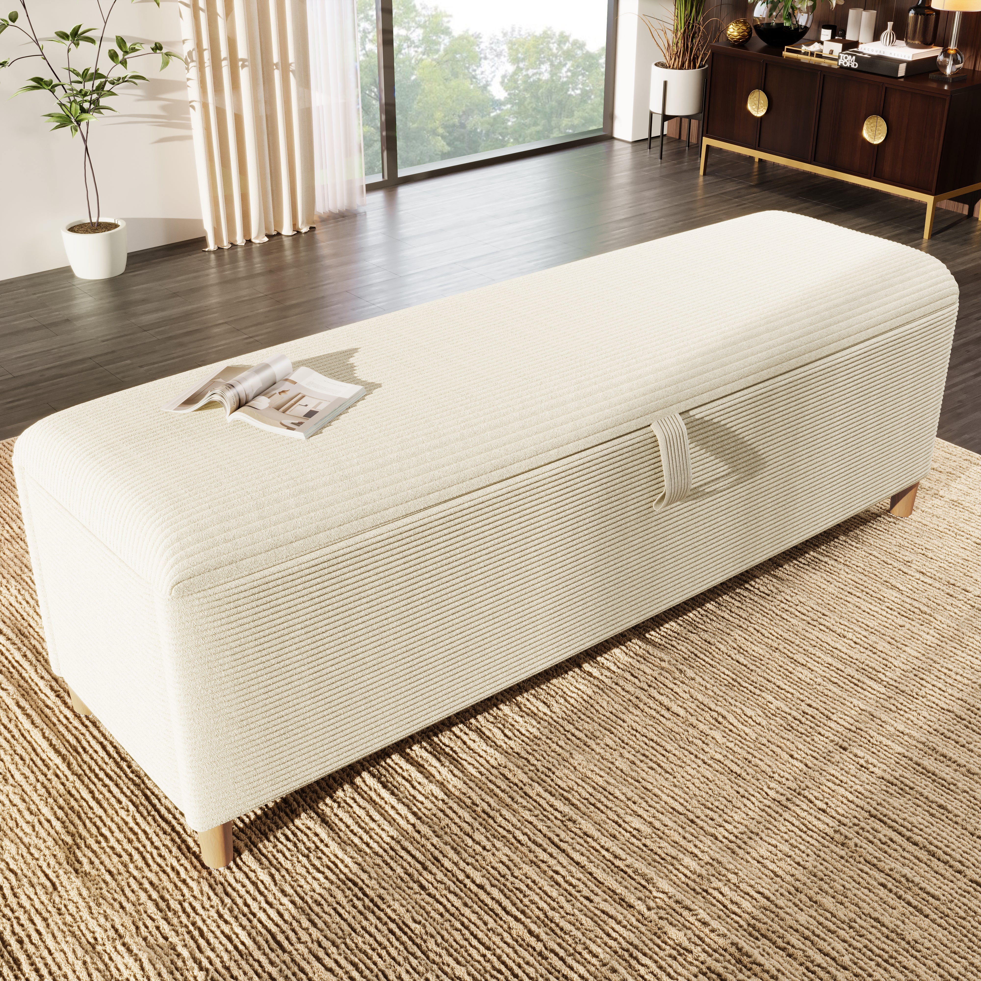 bed bench with storage space, 145 x 38 cm upholstered, beige corduroy - Image 12