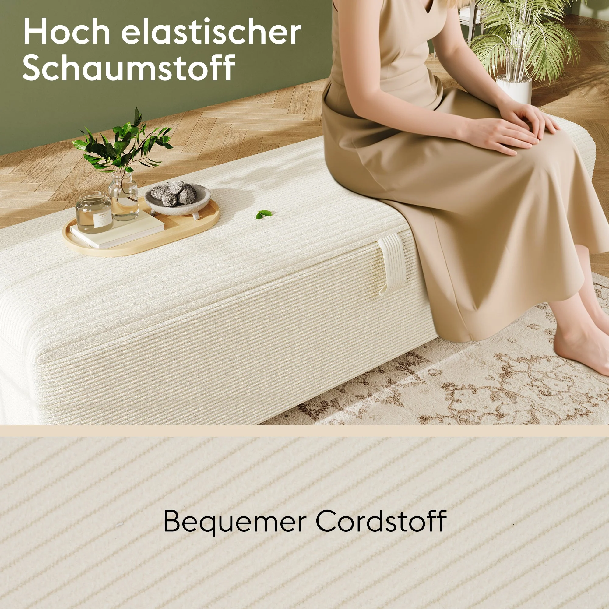 bed bench with storage space, 145 x 38 cm upholstered, beige corduroy - Image 3